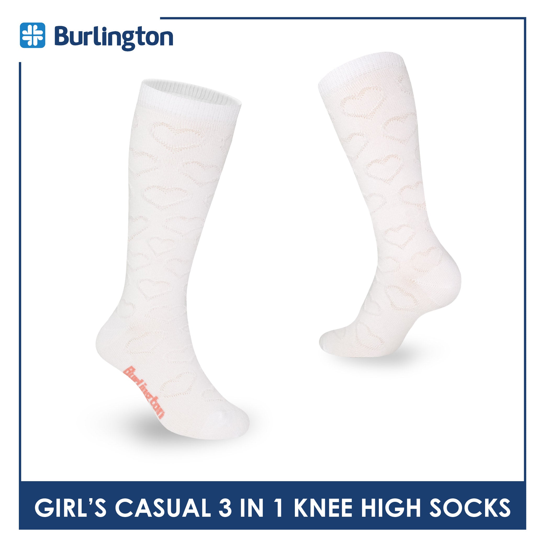 Burlington Girl's Embossed Cotton Thin Casual Knee High Socks 3 pairs in a pack BGKHMG1