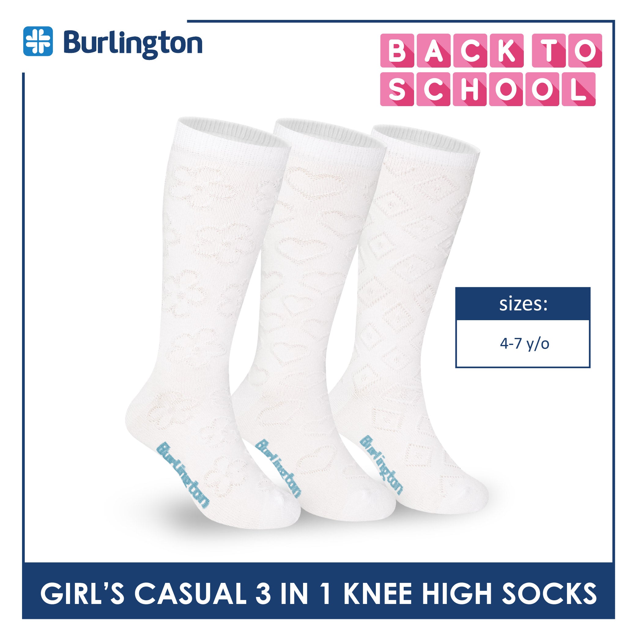 Burlington Girl's Embossed Cotton Thin Casual Knee High Socks 3 pairs in a pack BGKHMG1