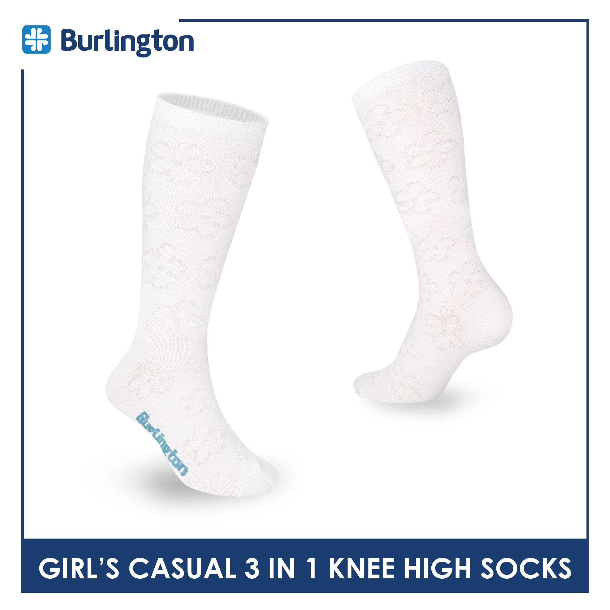 Burlington Girl's Embossed Cotton Thin Casual Knee High Socks 3 pairs in a pack BGKHMG1