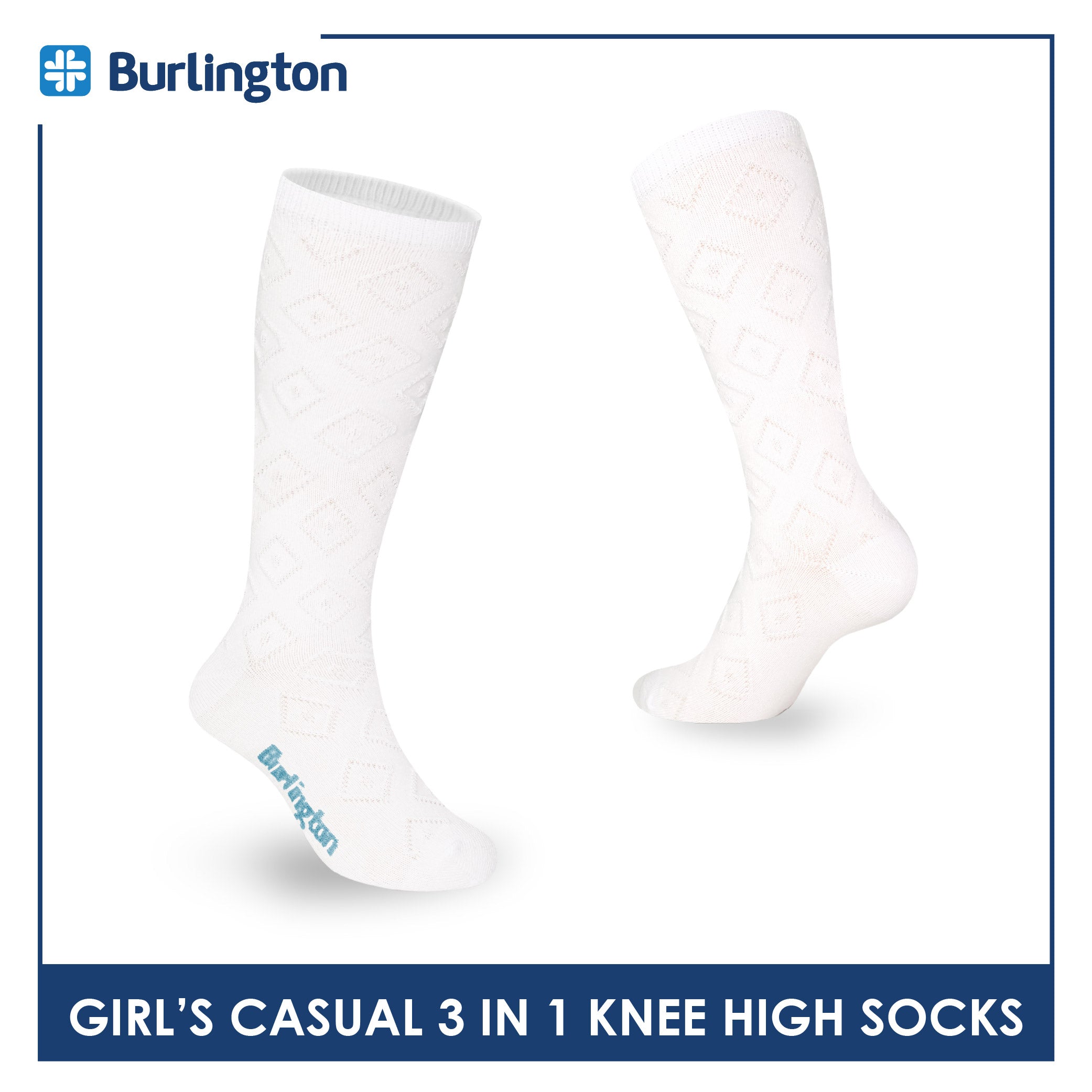 Burlington Girl's Embossed Cotton Thin Casual Knee High Socks 3 pairs in a pack BGKHMG1
