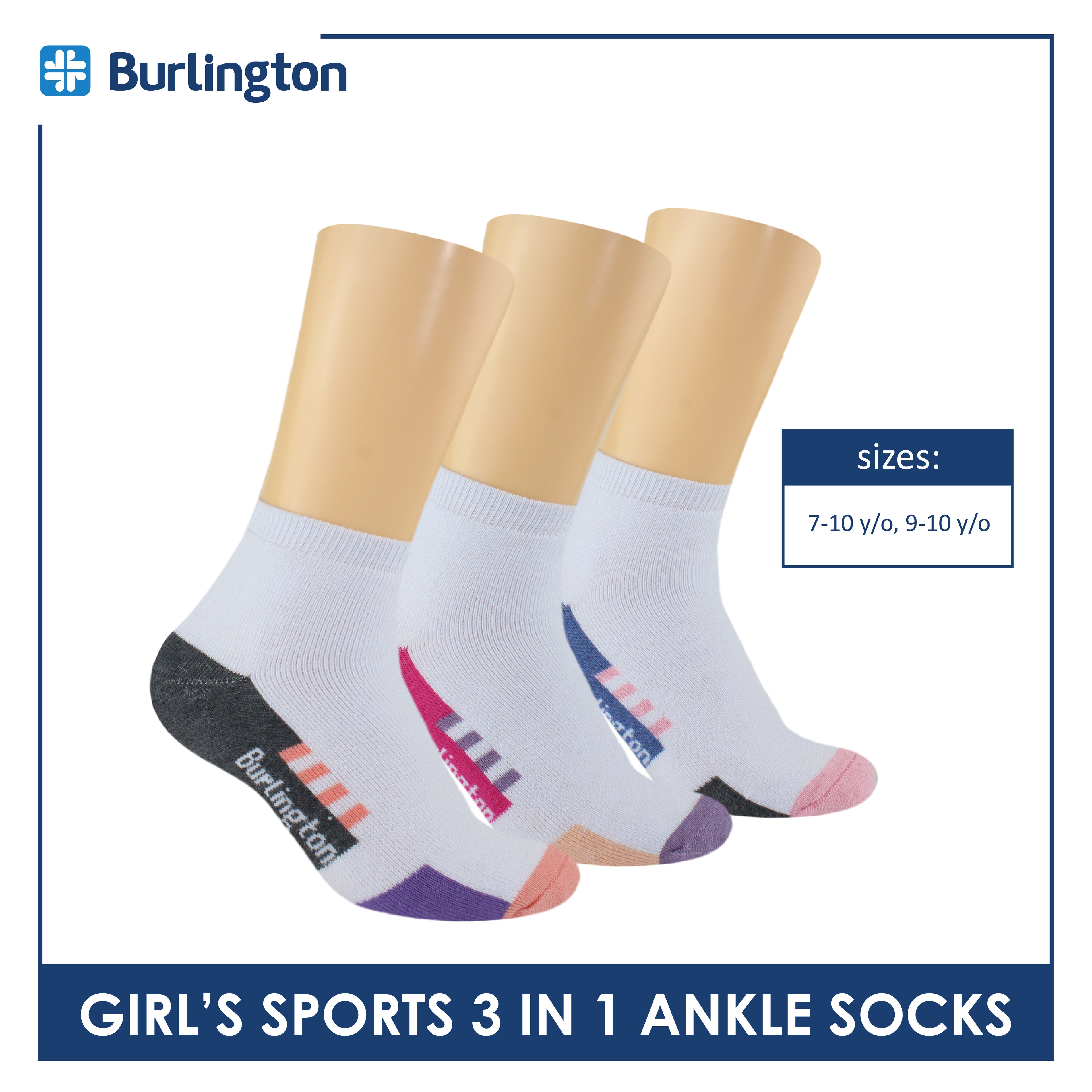 Burlington Girl’s Cotton Sports Ankle Socks 3 pairs in 1 pack BGSKG21