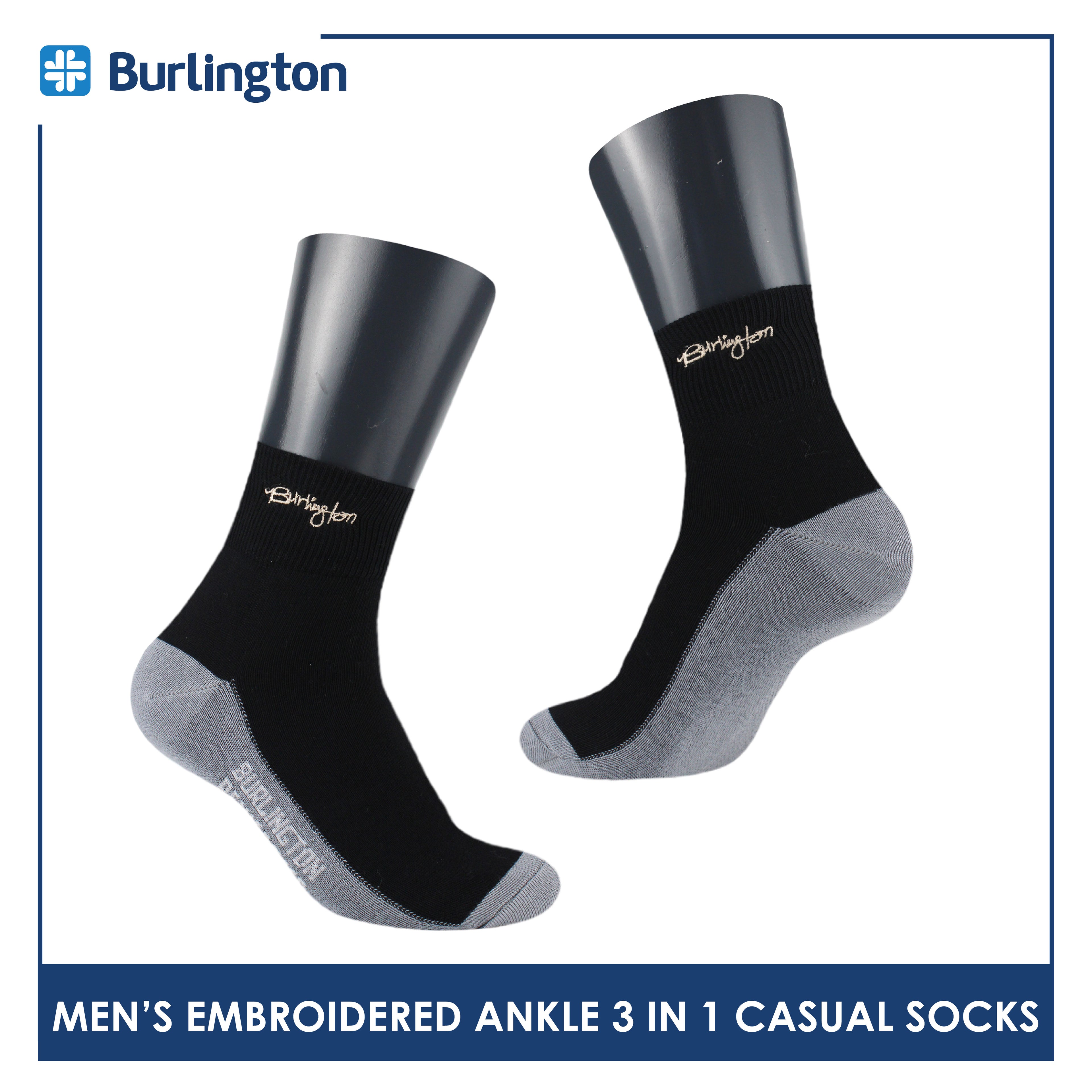 Burlington Men's Cotton Embroidered Thin Casual Ankle Socks 3 pairs in a pack BMCEKG01