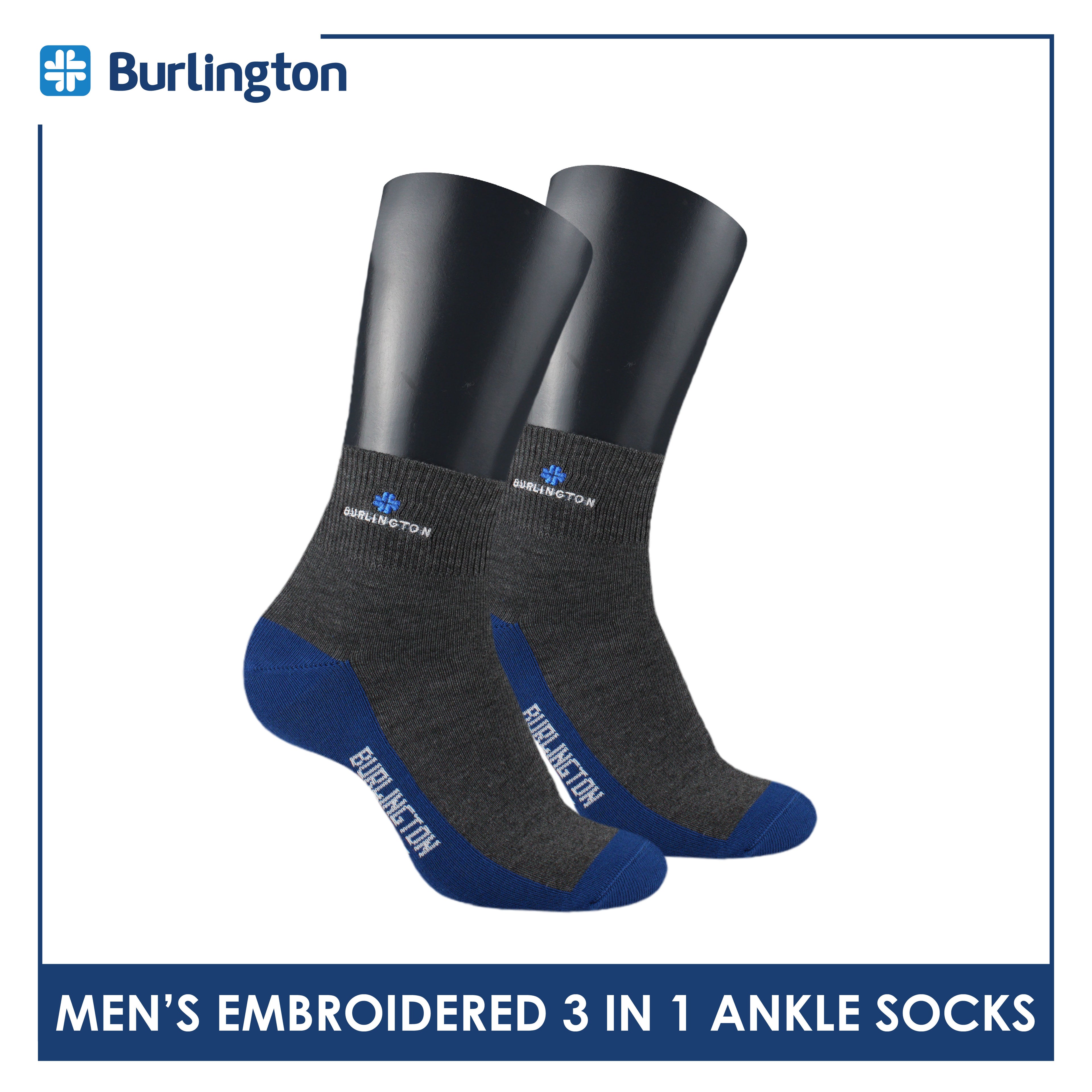 Burlington Men's Cotton Embroidered Thin Casual Ankle Socks 3 pairs in a pack BMCEKG01