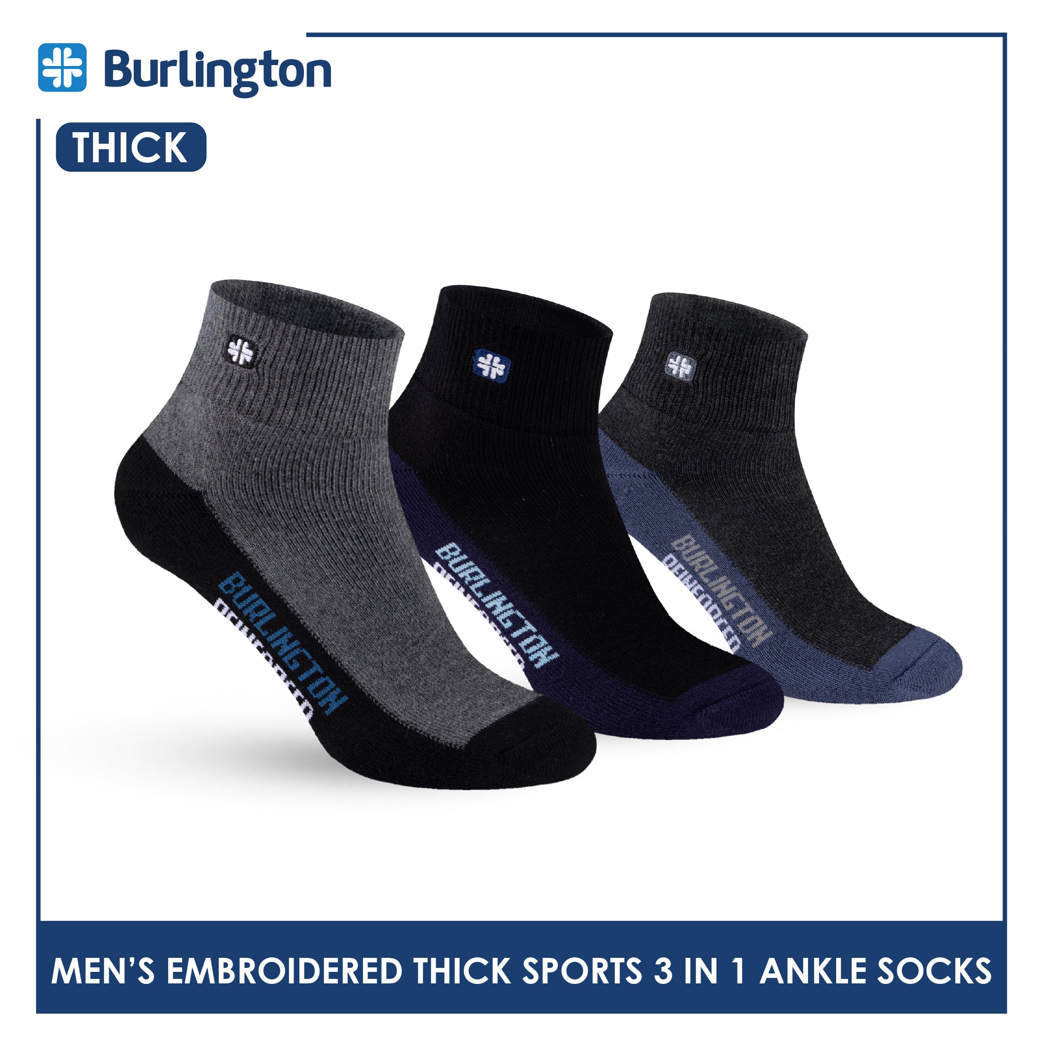 Burlington Men's Cotton Thick Sports Ankle Socks 3 pairs in a pack BMKSEG13