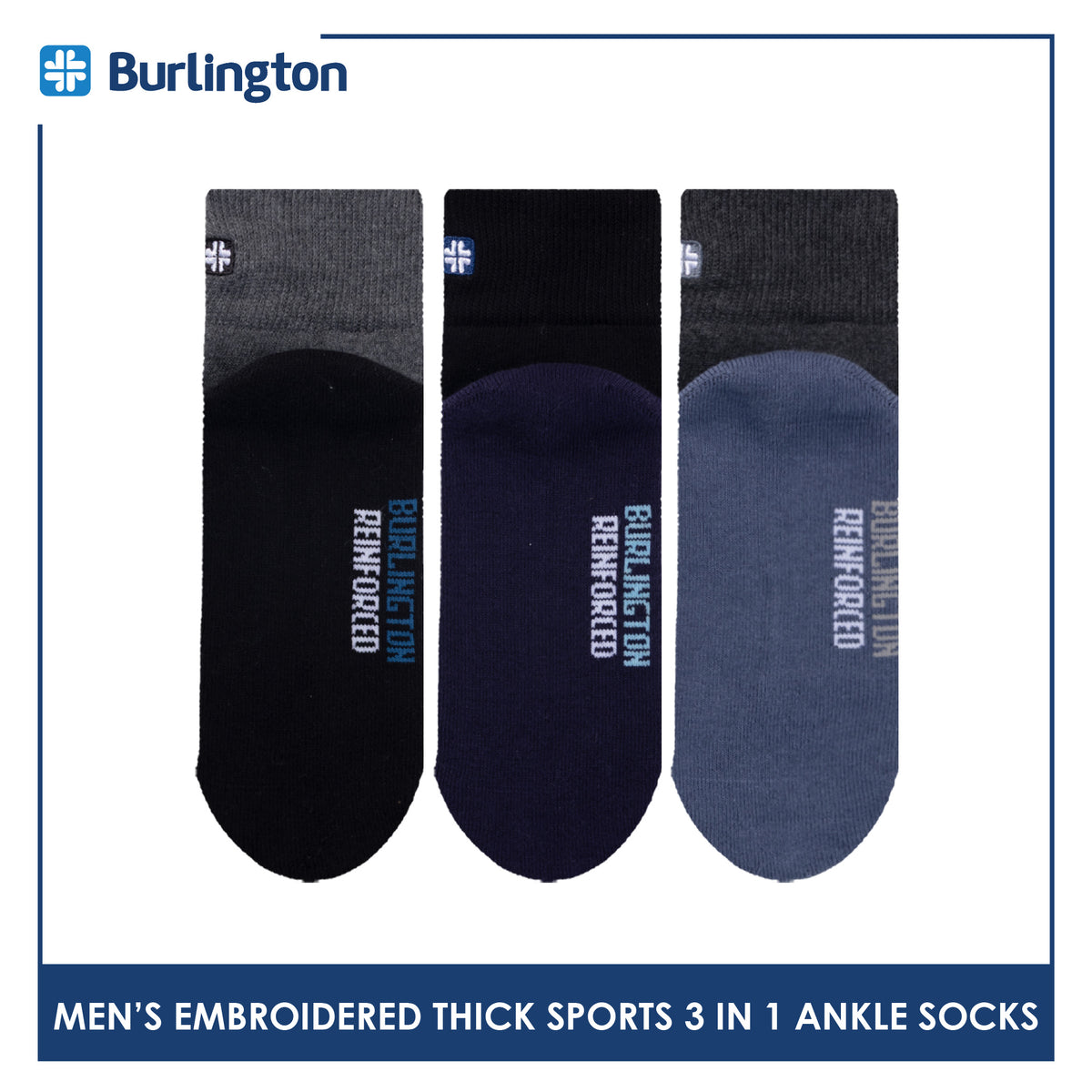 Burlington Men's Cotton Thick Sports Ankle Socks 3 pairs in a pack BMKSEG13