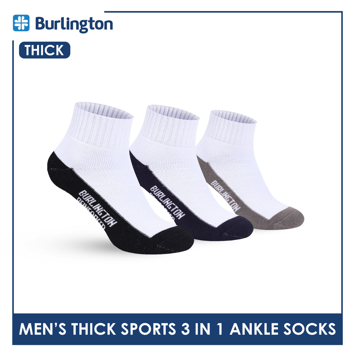 Burlington Men's Cotton Thick Sports Ankle Socks 3 pairs in 1 pack BMKSG22
