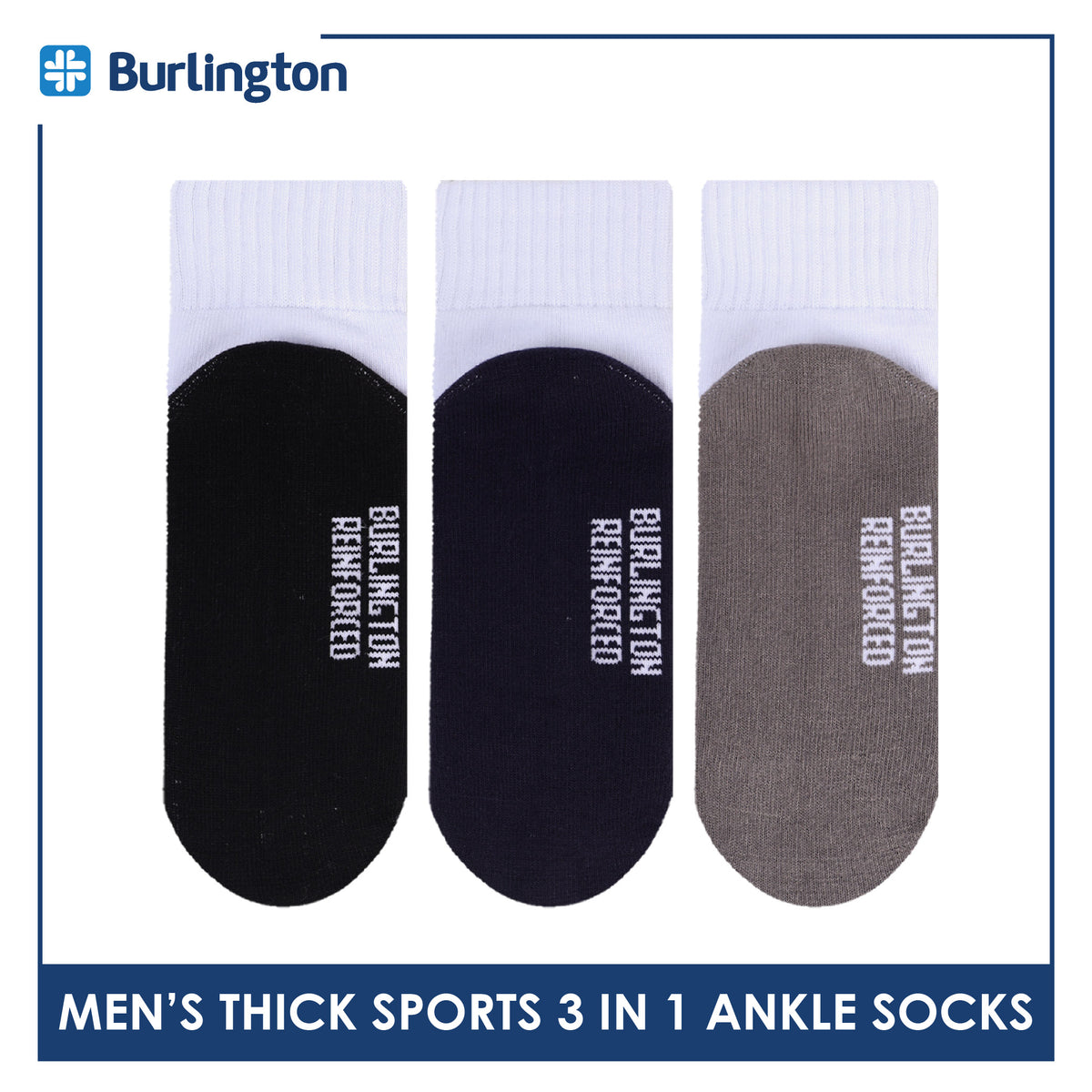 Burlington Men's Cotton Thick Sports Ankle Socks 3 pairs in 1 pack BMKSG22