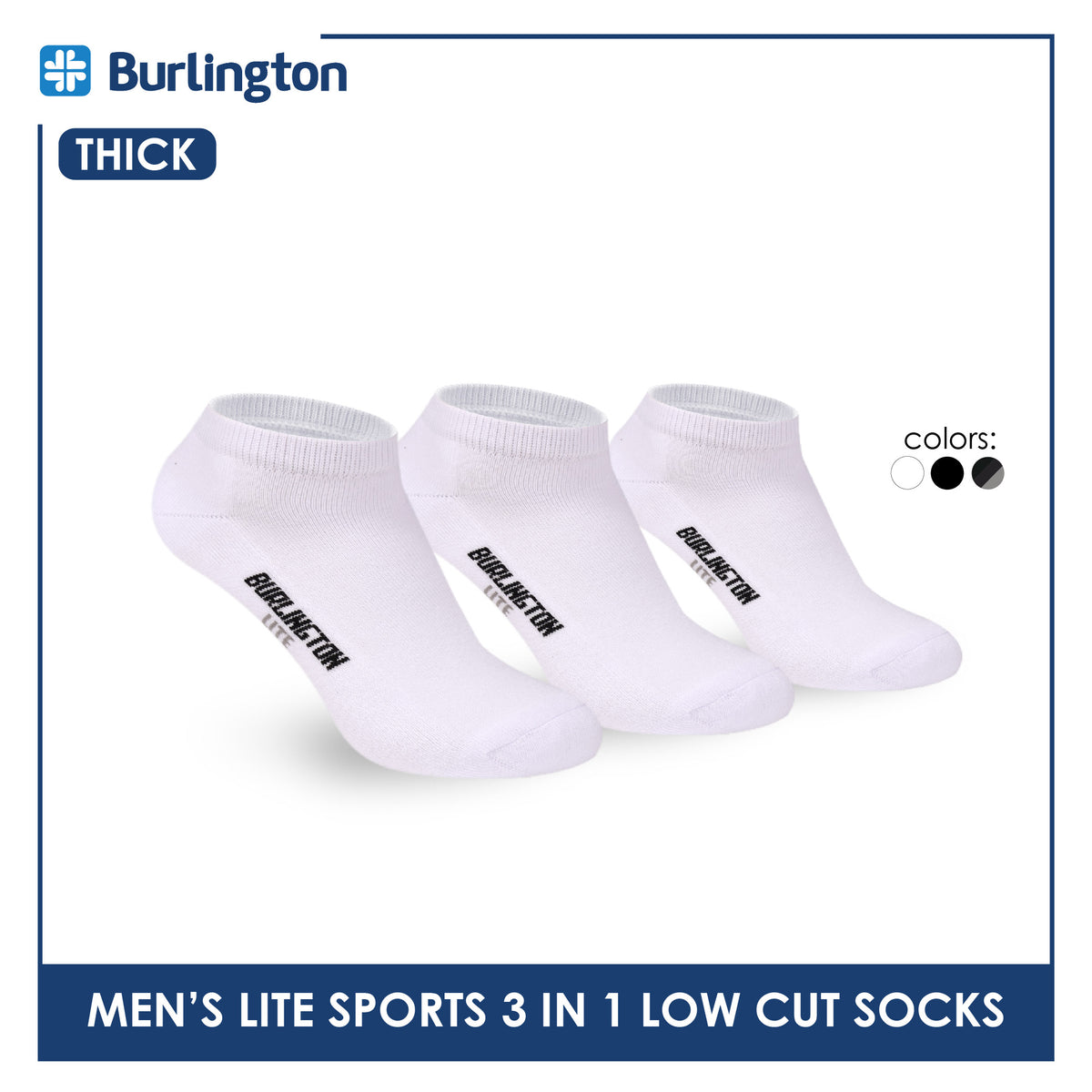 Burlington Men's Lite Thick Sports Half Terry Low Cut Socks 3 pairs in 1 pack BML-219