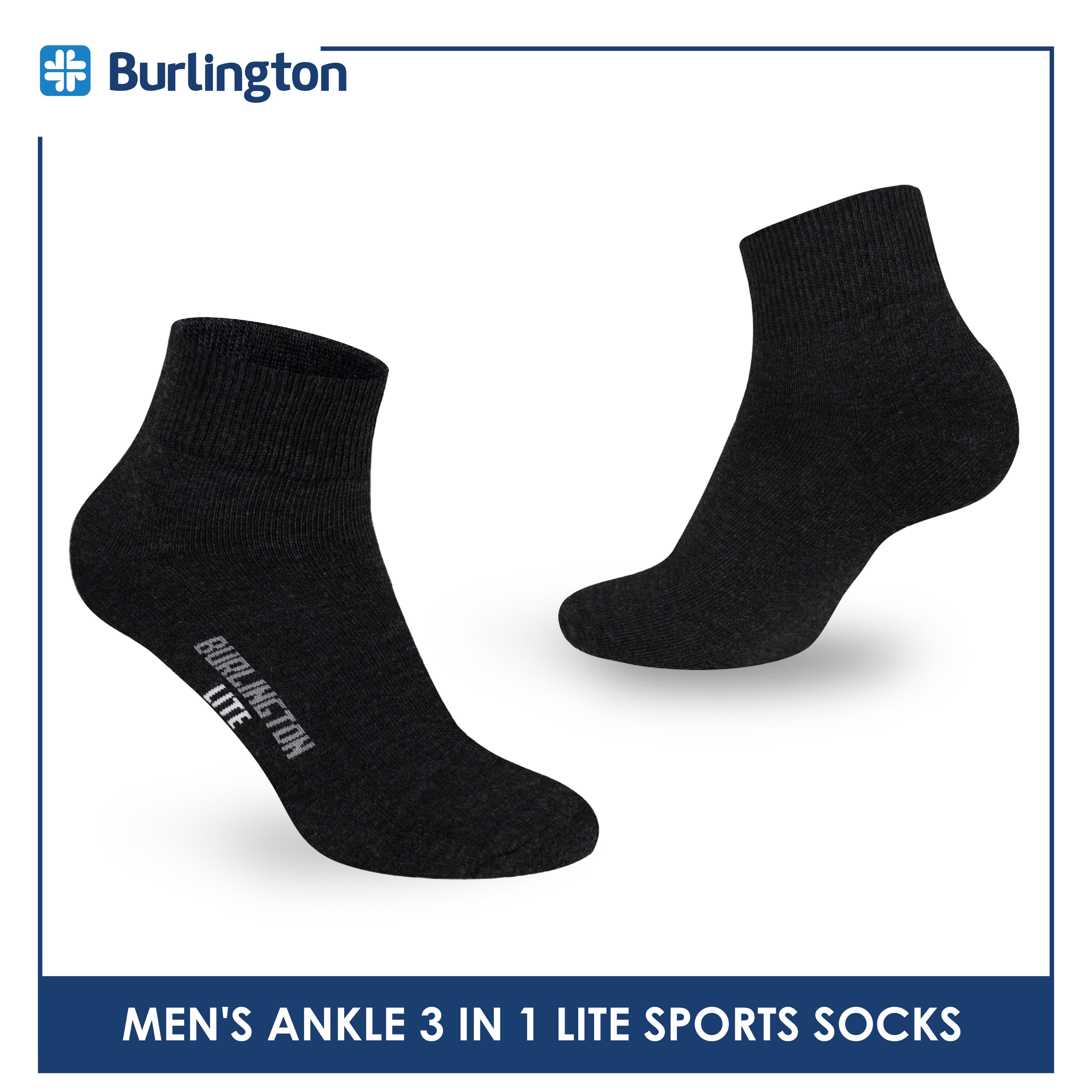 Burlington Men's Cotton Lite Sports Half Terry Performance Ankle Socks 3 pairs in a pack BML-222