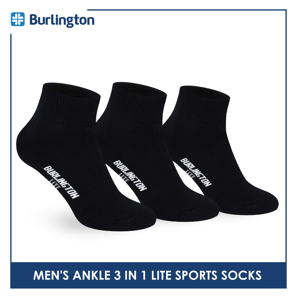 Burlington Men's Cotton Lite Sports Half Terry Performance Ankle Socks 3 pairs in a pack BML-222