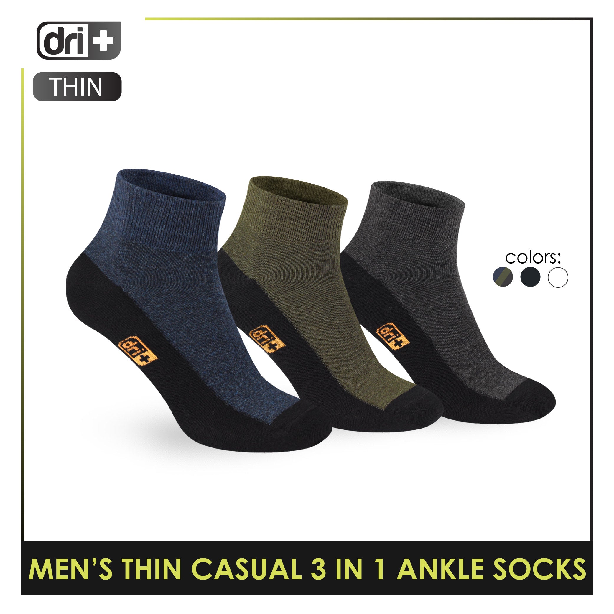 Dri Plus Men's Cotton Lite Thin Casual Ankle Socks 3 pairs in a pack DMCG12