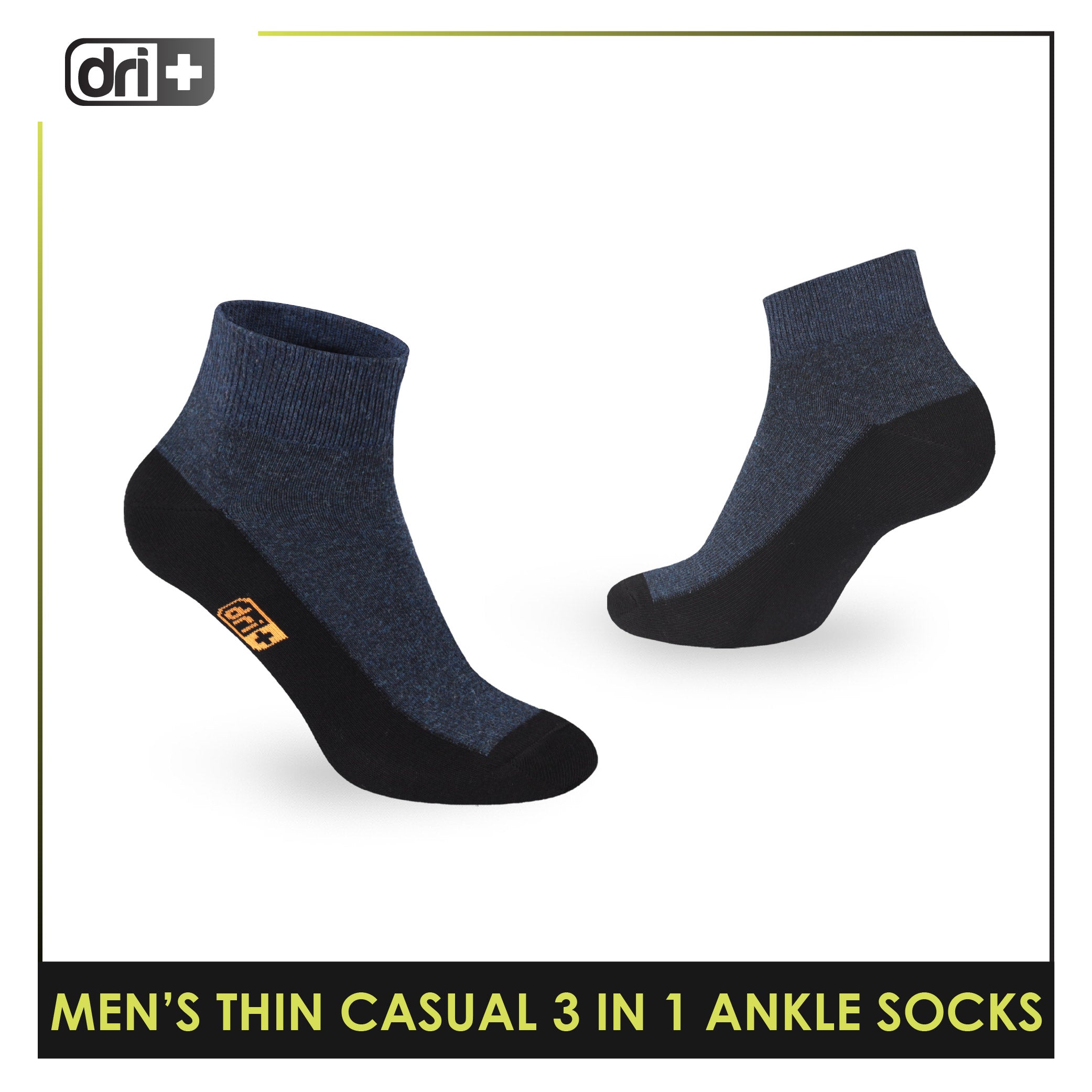 Dri Plus Men's Cotton Lite Thin Casual Ankle Socks 3 pairs in a pack DMCG12