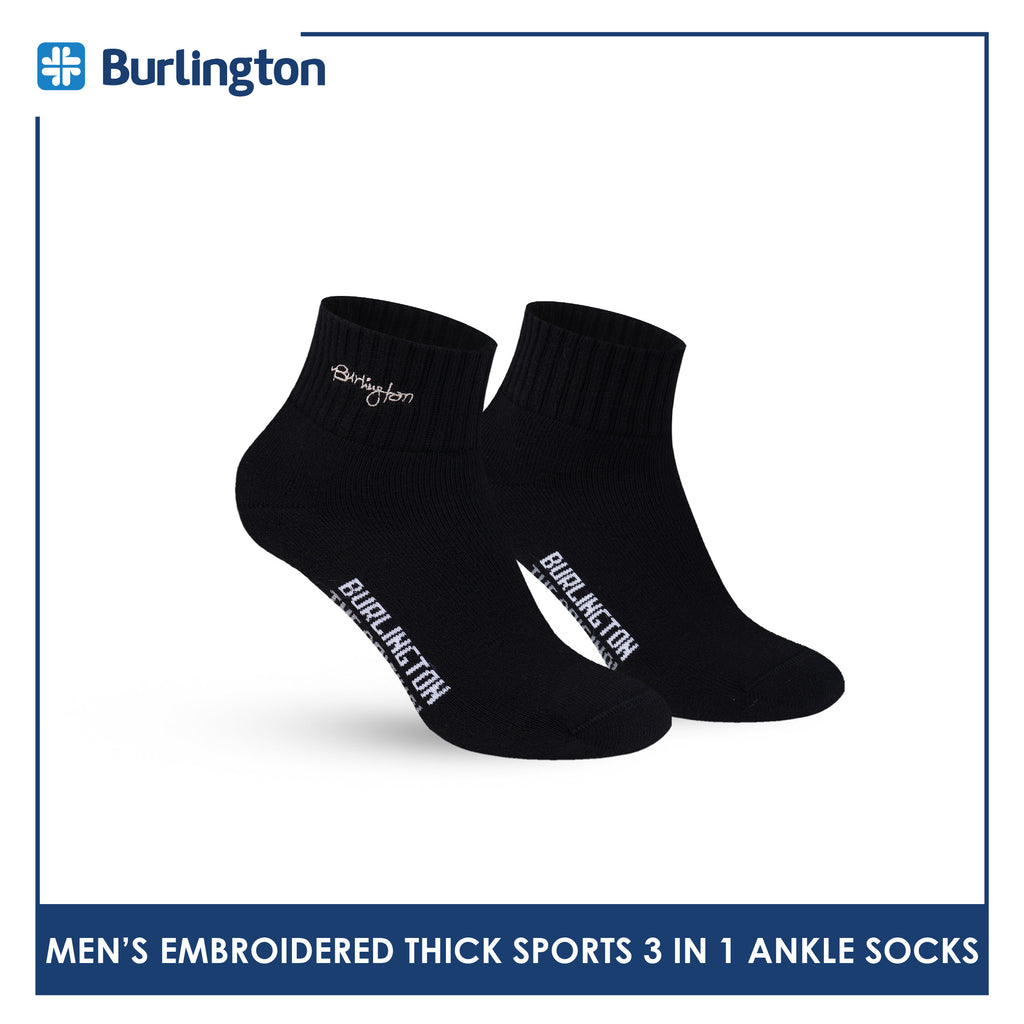 Burlington Men's Cotton Embroidered Thick Sports Ankle Socks 3 pairs in a pack E1001