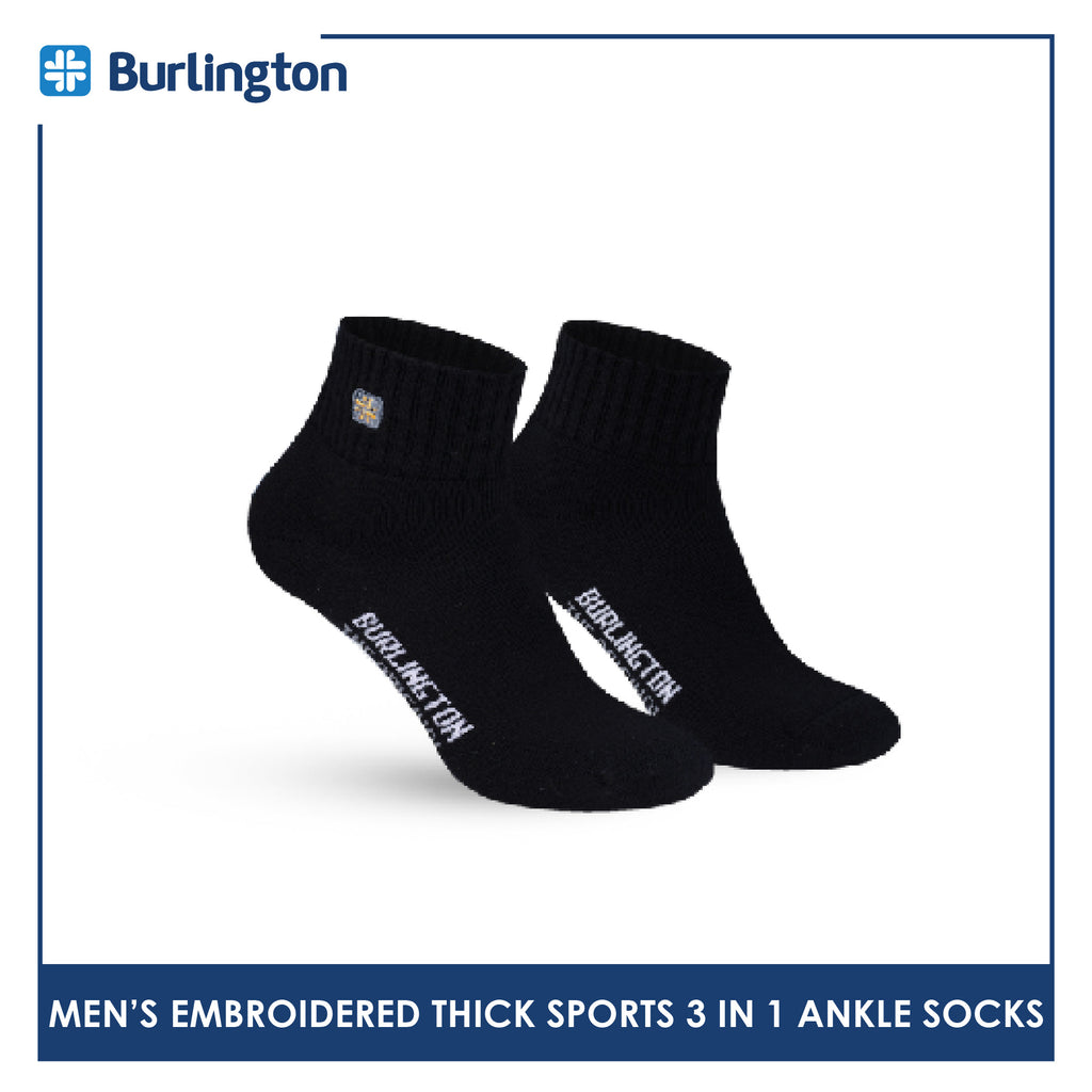Burlington Men's Cotton Embroidered Thick Sports Ankle Socks 3 pairs in a pack E1001