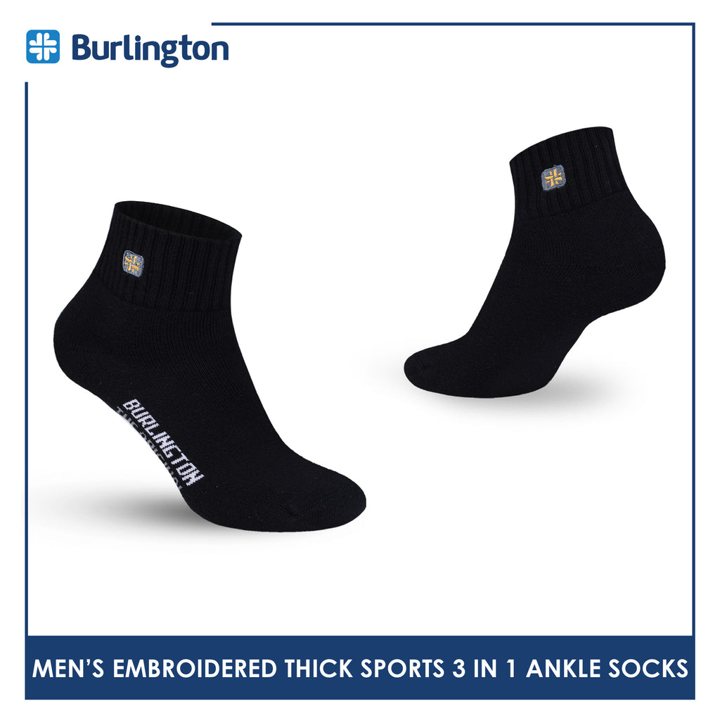 Burlington Men's Cotton Embroidered Thick Sports Ankle Socks 3 pairs in a pack E1001