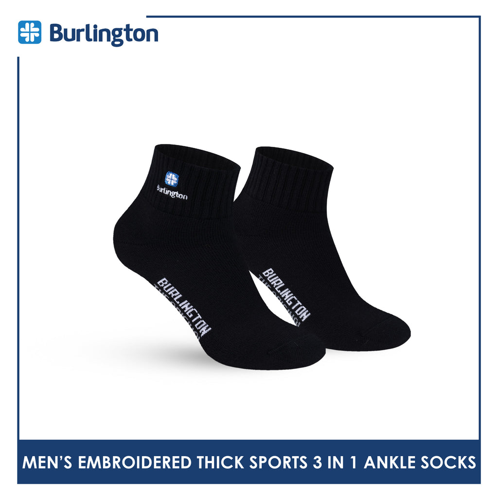 Burlington Men's Cotton Embroidered Thick Sports Ankle Socks 3 pairs in a pack E1001