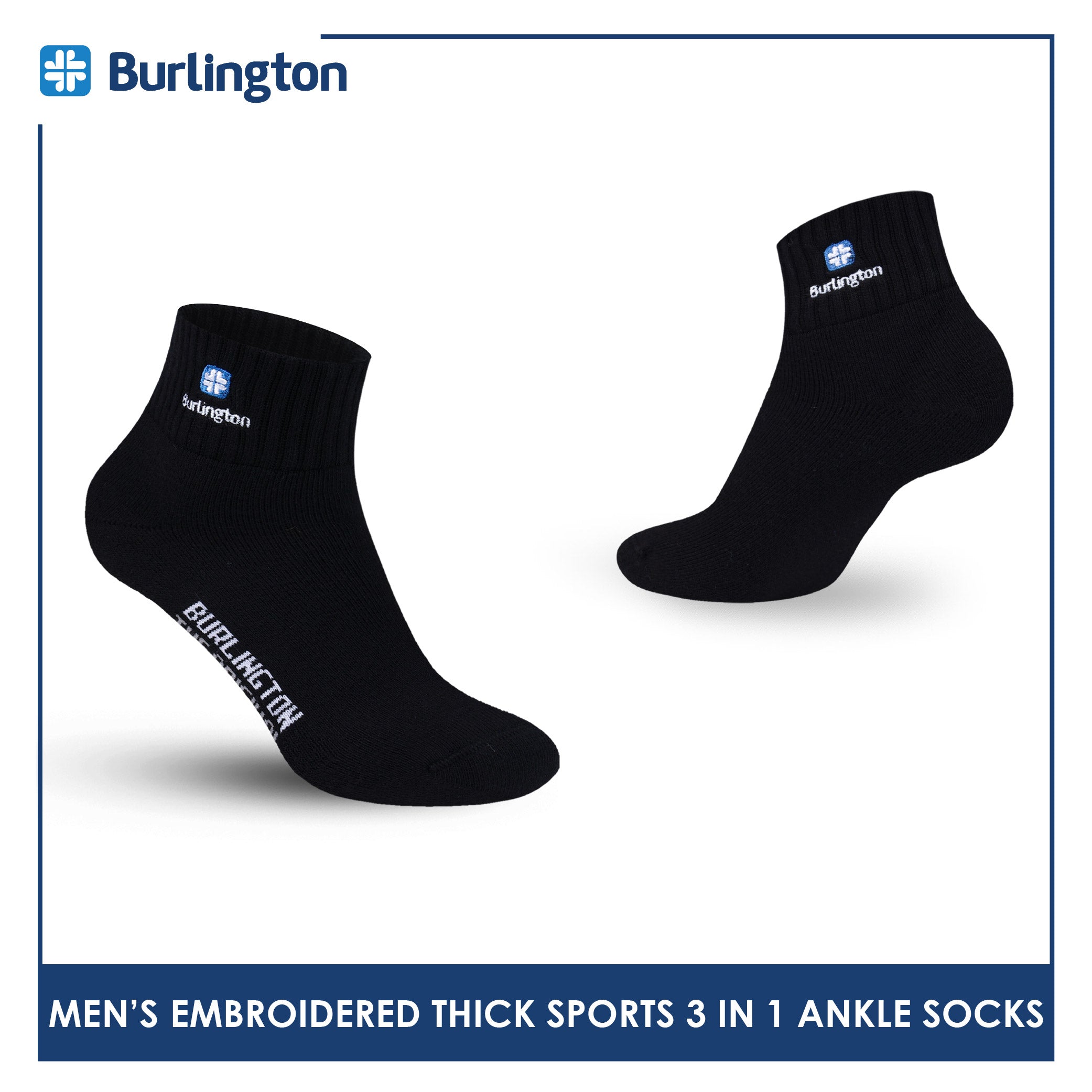 Burlington Men's Cotton Embroidered Thick Sports Ankle Socks 3 pairs in a pack E1001