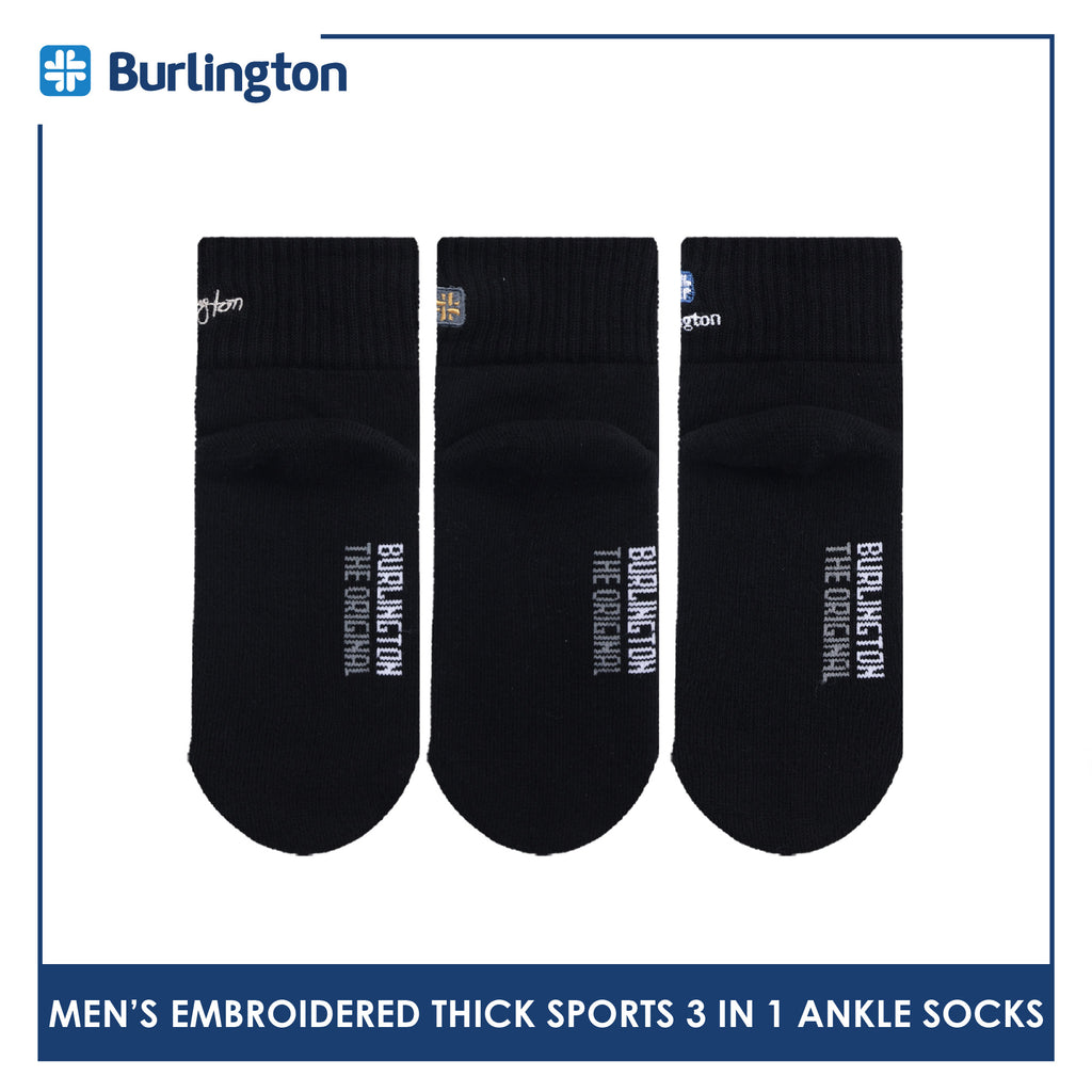 Burlington Men's Cotton Embroidered Thick Sports Ankle Socks 3 pairs in a pack E1001