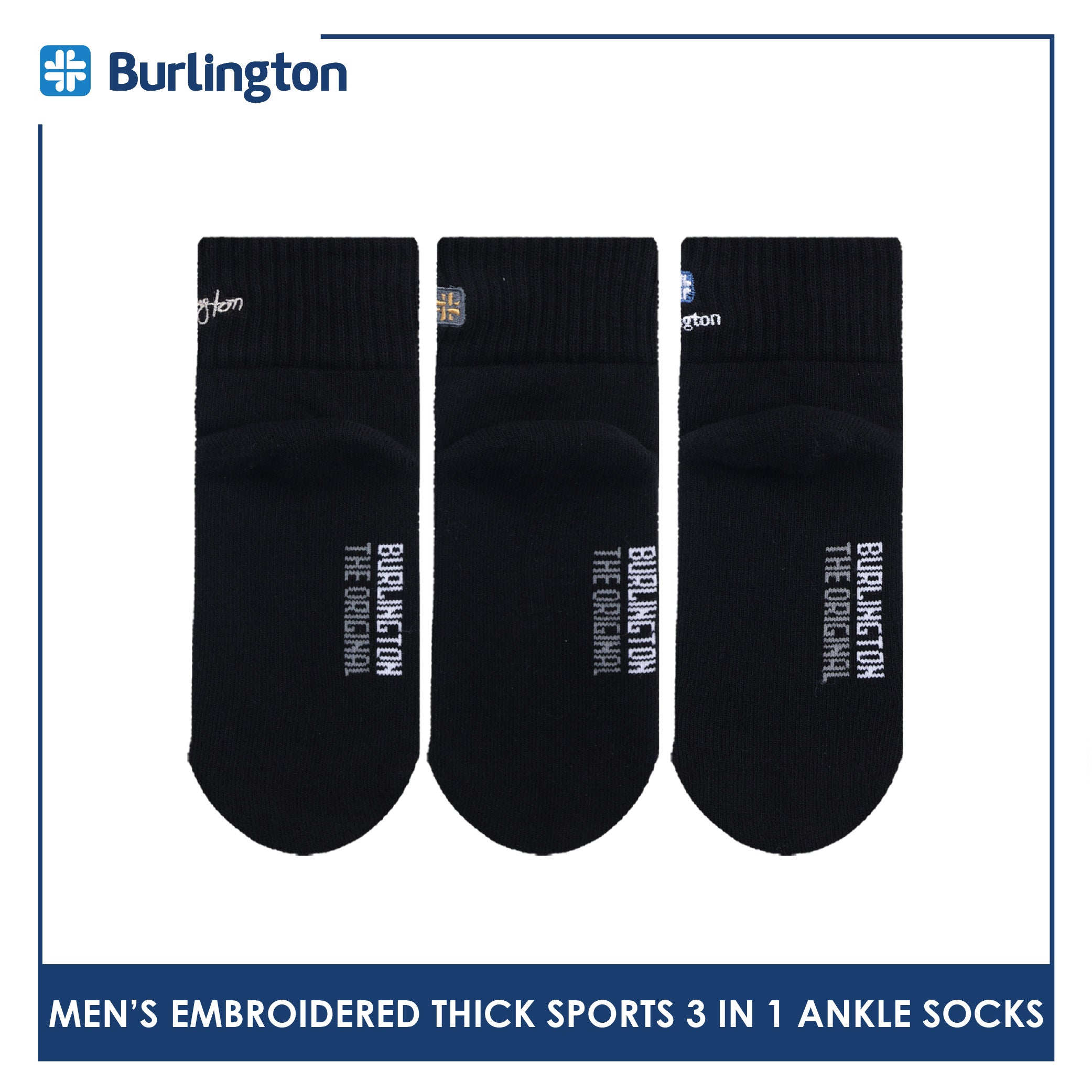 Burlington Men's Cotton Embroidered Thick Sports Ankle Socks 3 pairs in a pack E1001