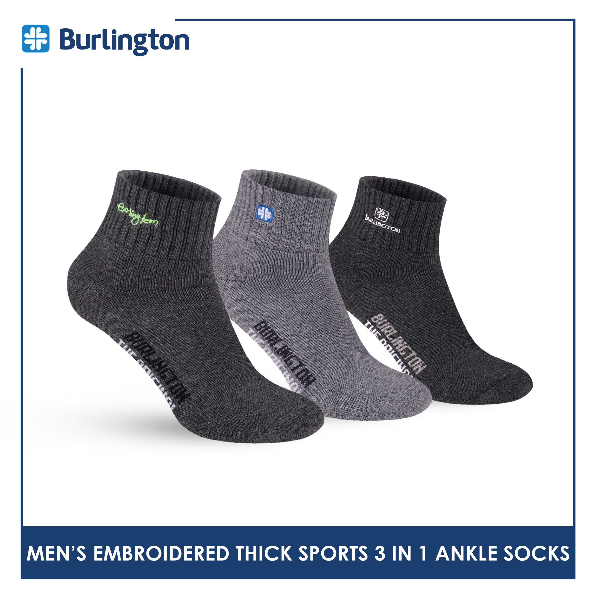 Burlington Men's Cotton Embroidered Thick Sports Ankle Socks 3 pairs in a pack E1001