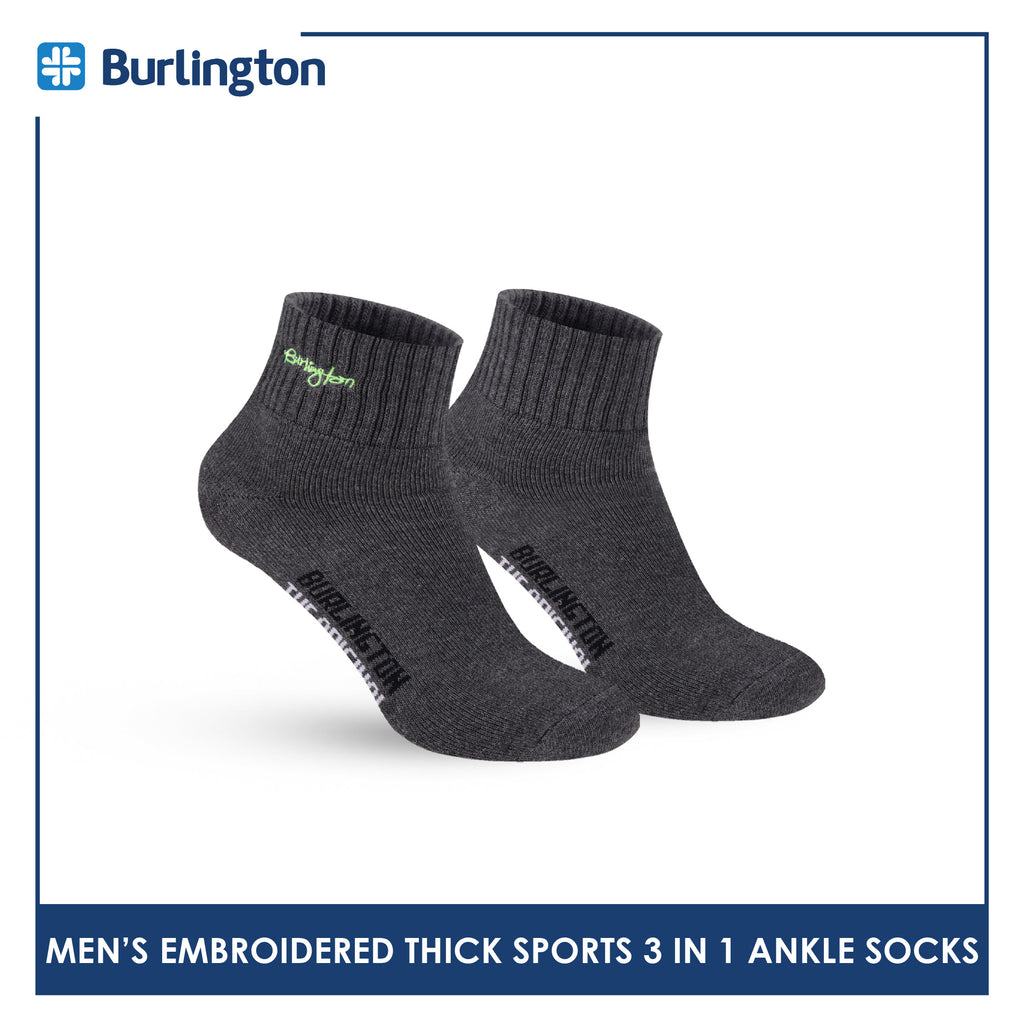 Burlington Men's Cotton Embroidered Thick Sports Ankle Socks 3 pairs in a pack E1001