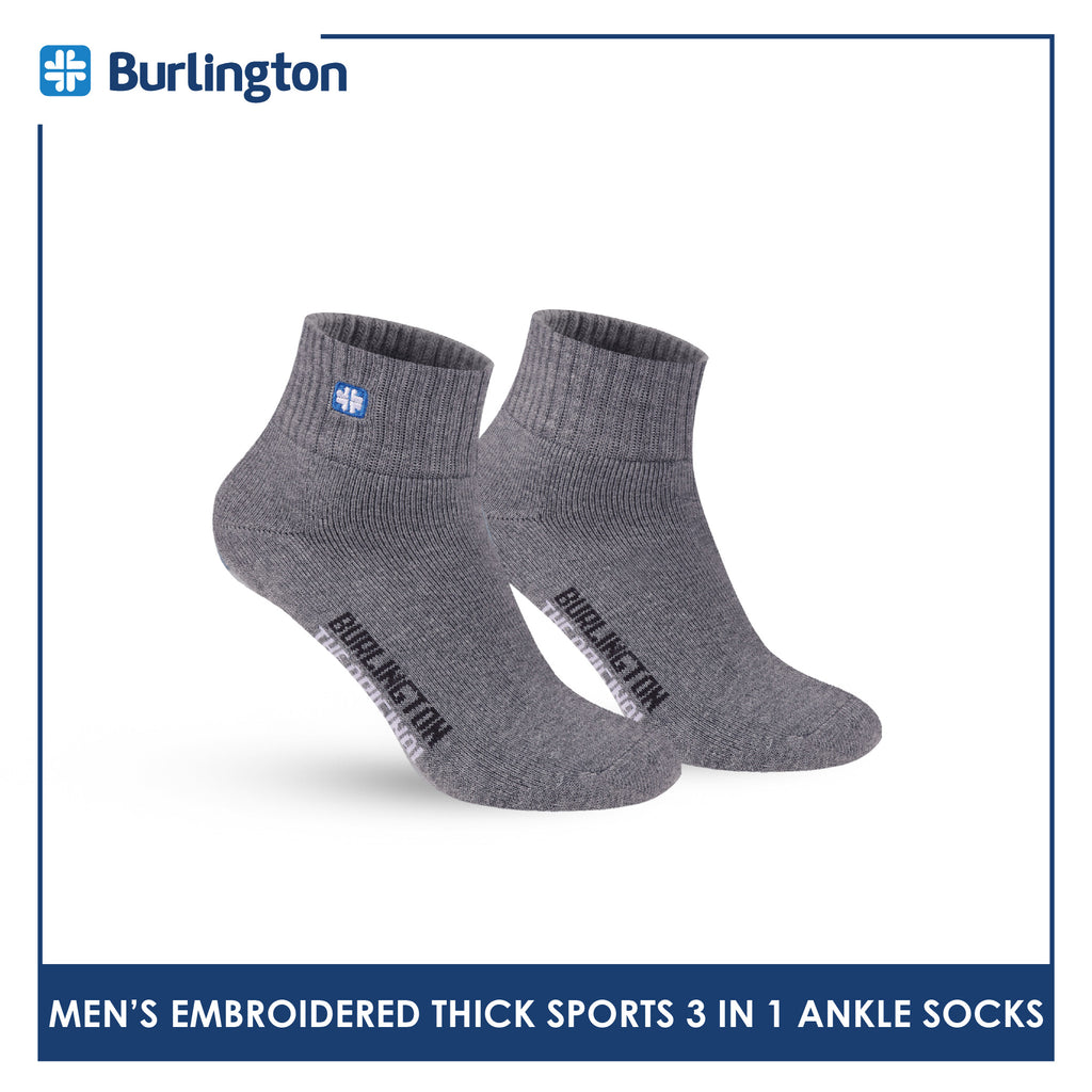 Burlington Men's Cotton Embroidered Thick Sports Ankle Socks 3 pairs in a pack E1001