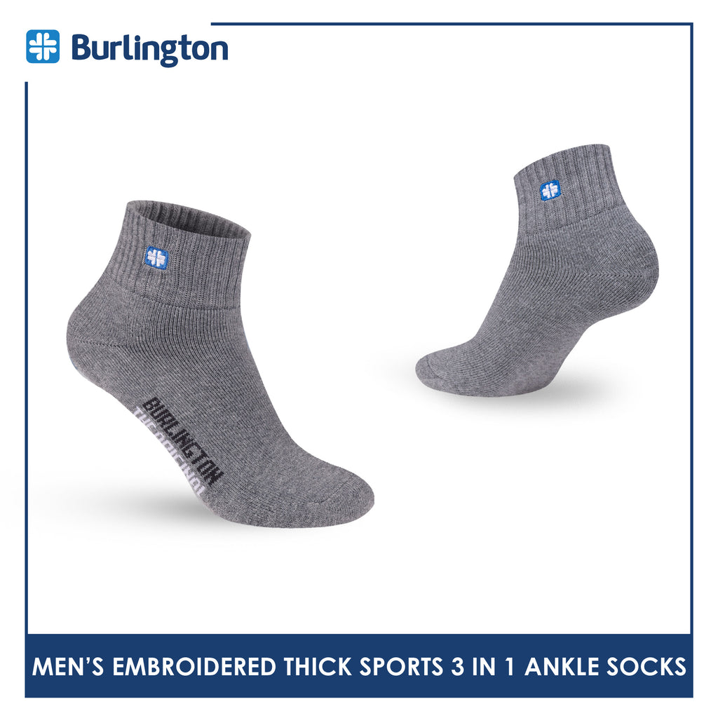 Burlington Men's Cotton Embroidered Thick Sports Ankle Socks 3 pairs in a pack E1001