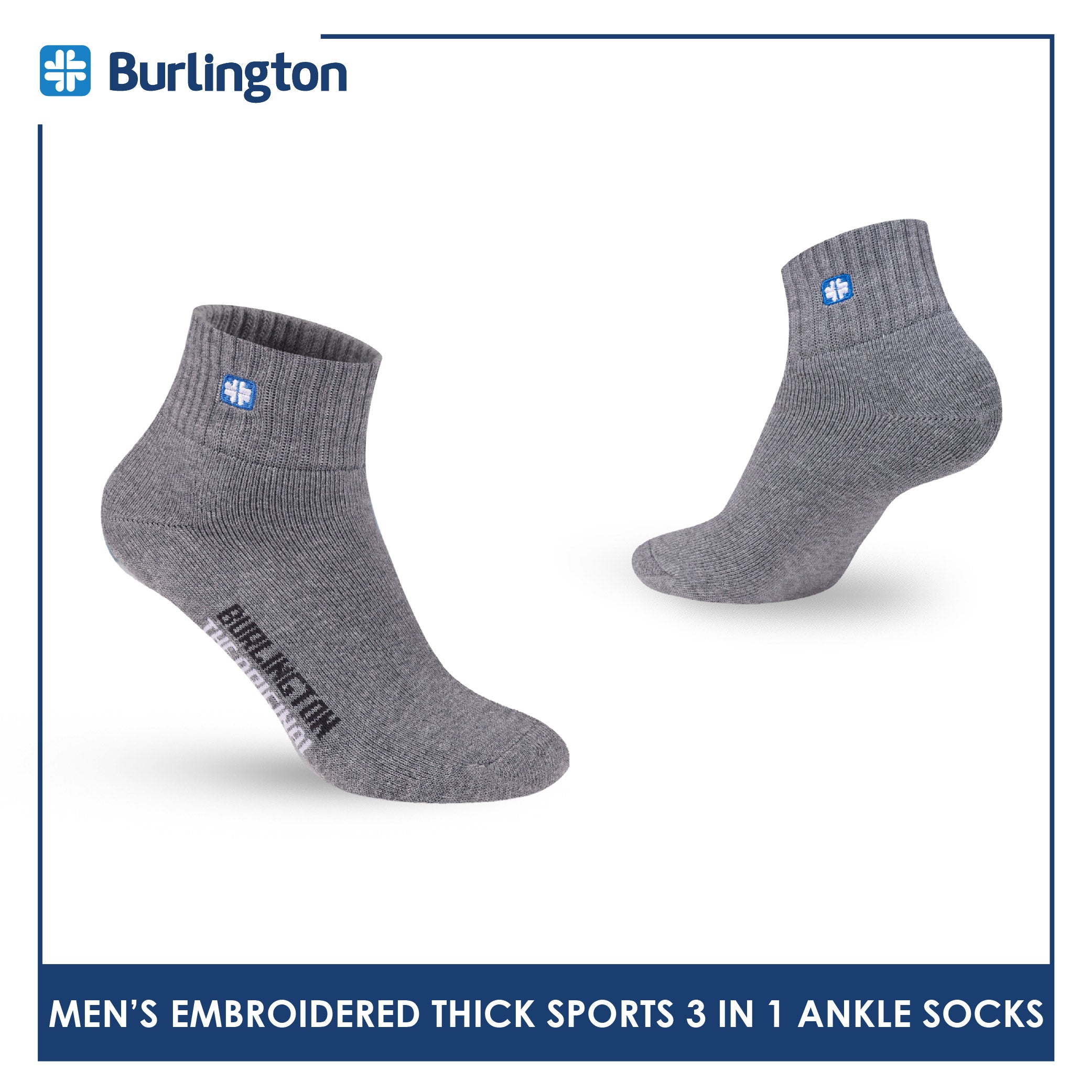 Burlington Men's Cotton Embroidered Thick Sports Ankle Socks 3 pairs in a pack E1001