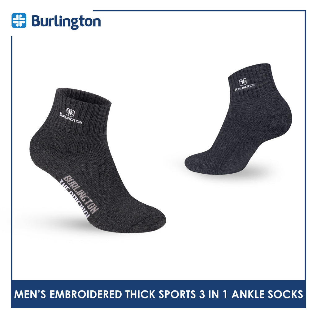 Burlington Men's Cotton Embroidered Thick Sports Ankle Socks 3 pairs in a pack E1001