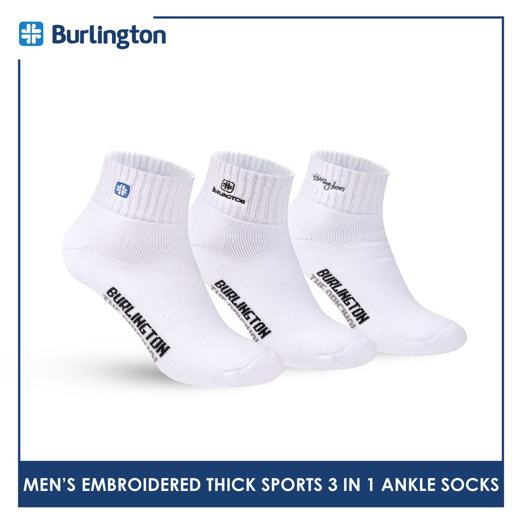 Burlington Men's Cotton Embroidered Thick Sports Ankle Socks 3 pairs in a pack E1001