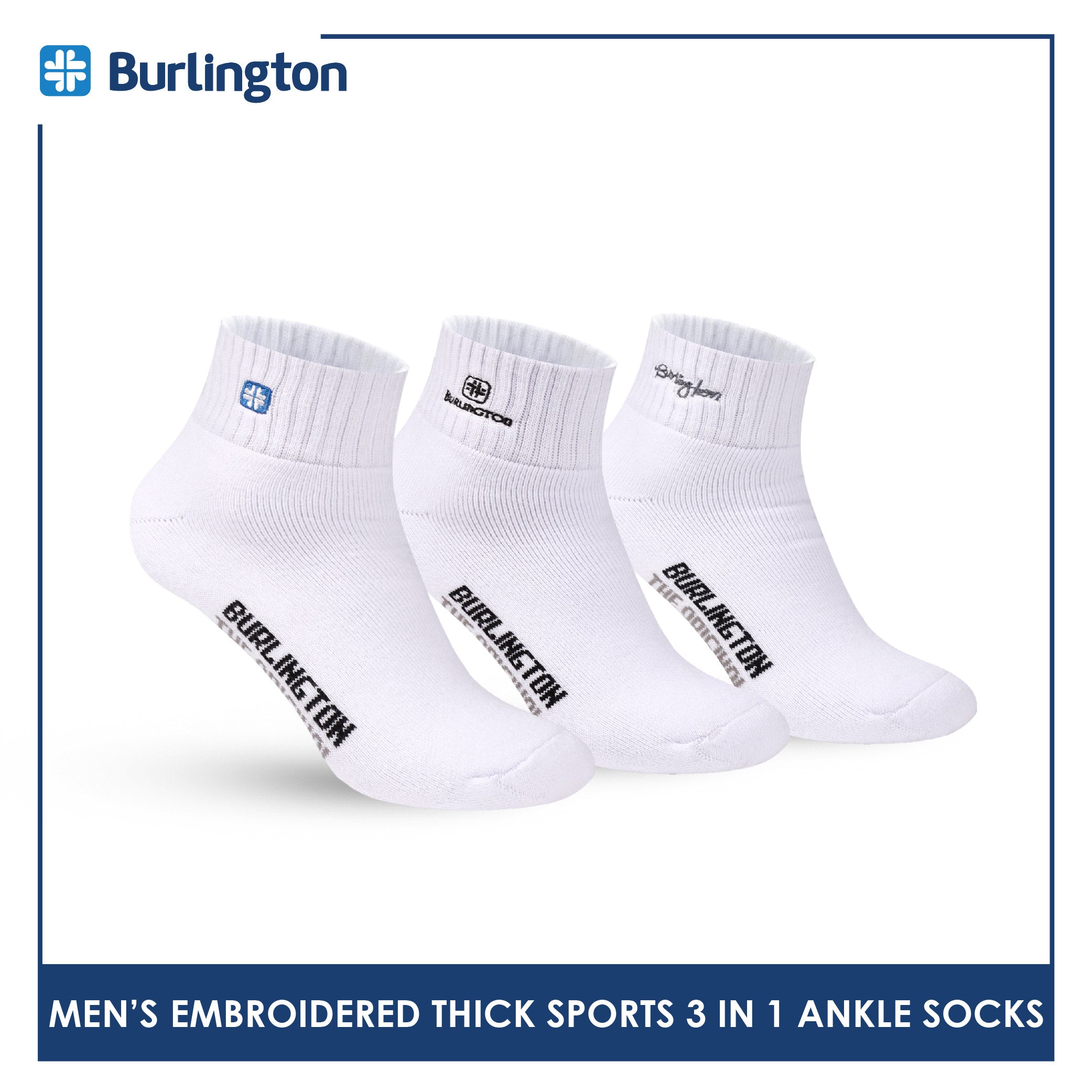 Burlington Men's Cotton Embroidered Thick Sports Ankle Socks 3 pairs in a pack E1001