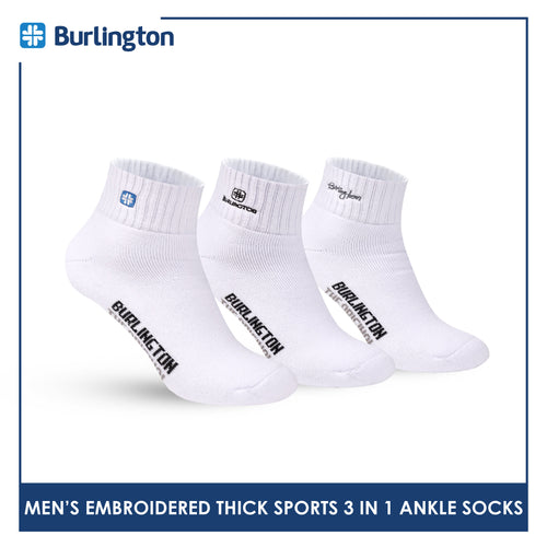 Burlington Men's Cotton Embroidered Thick Sports Ankle Socks 3 pairs in a pack E1001