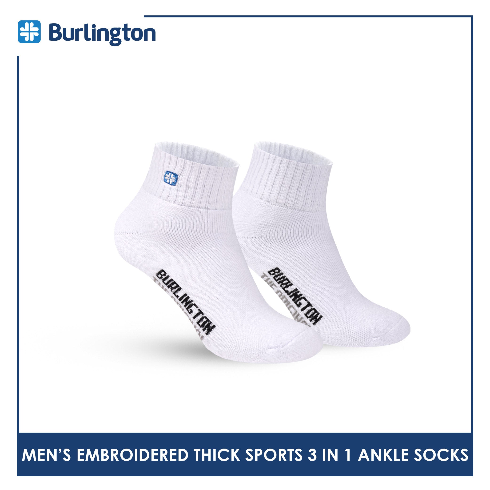 Burlington Men's Cotton Embroidered Thick Sports Ankle Socks 3 pairs in a pack E1001