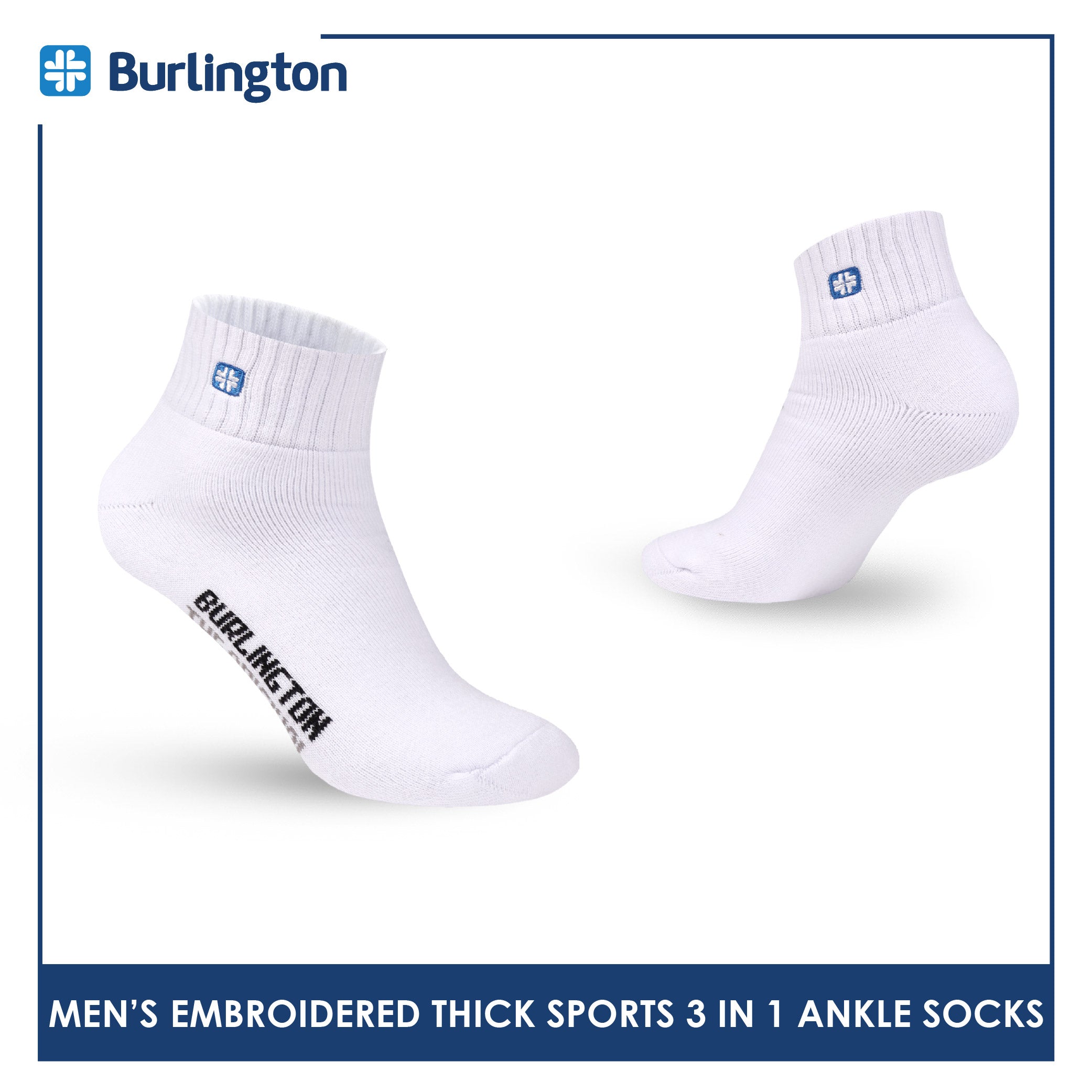 Burlington Men's Cotton Embroidered Thick Sports Ankle Socks 3 pairs in a pack E1001