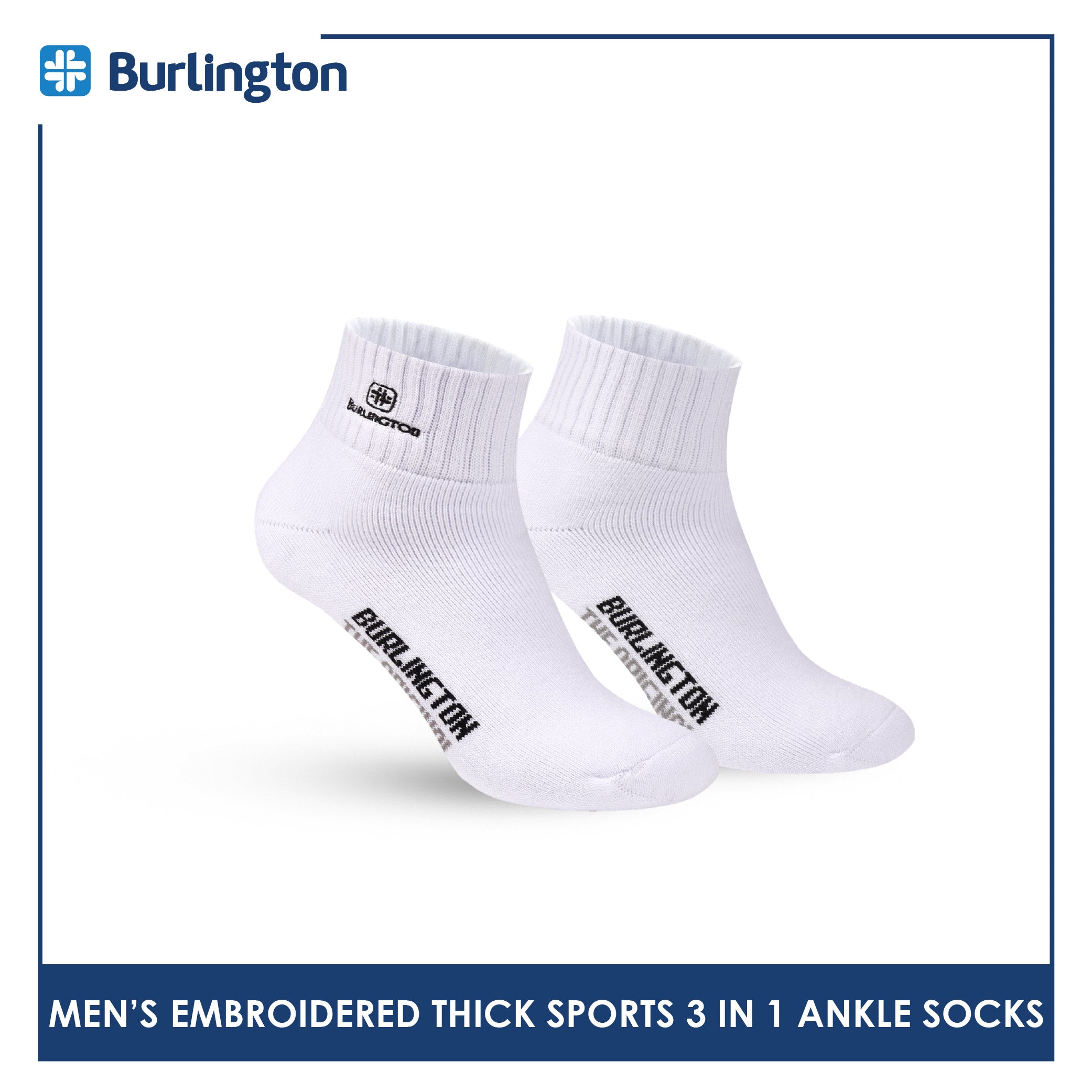 Burlington Men's Cotton Embroidered Thick Sports Ankle Socks 3 pairs in a pack E1001