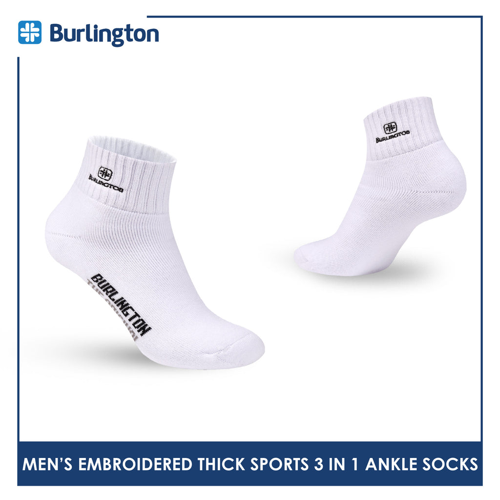 Burlington Men's Cotton Embroidered Thick Sports Ankle Socks 3 pairs in a pack E1001