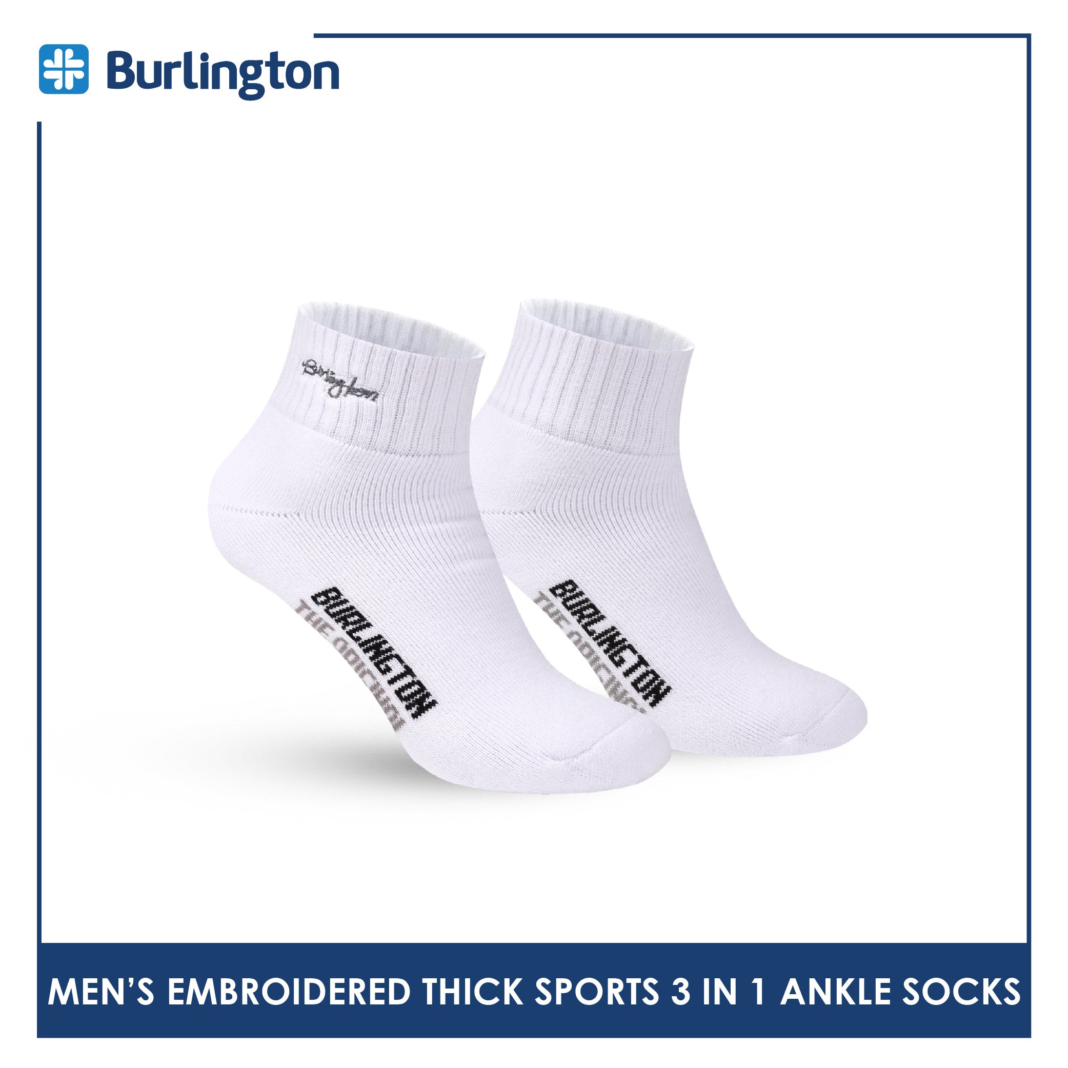 Burlington Men's Cotton Embroidered Thick Sports Ankle Socks 3 pairs in a pack E1001