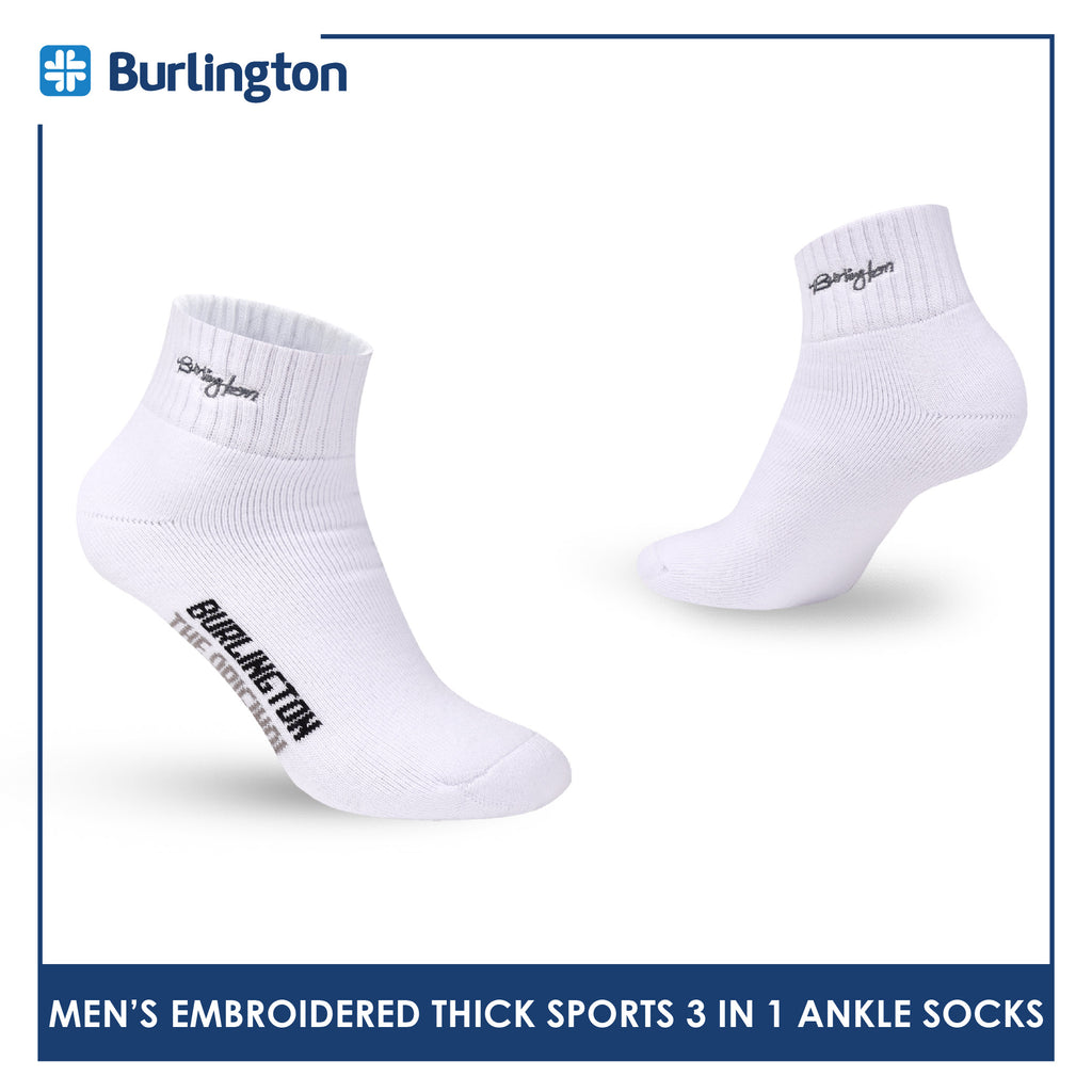 Burlington Men's Cotton Embroidered Thick Sports Ankle Socks 3 pairs in a pack E1001