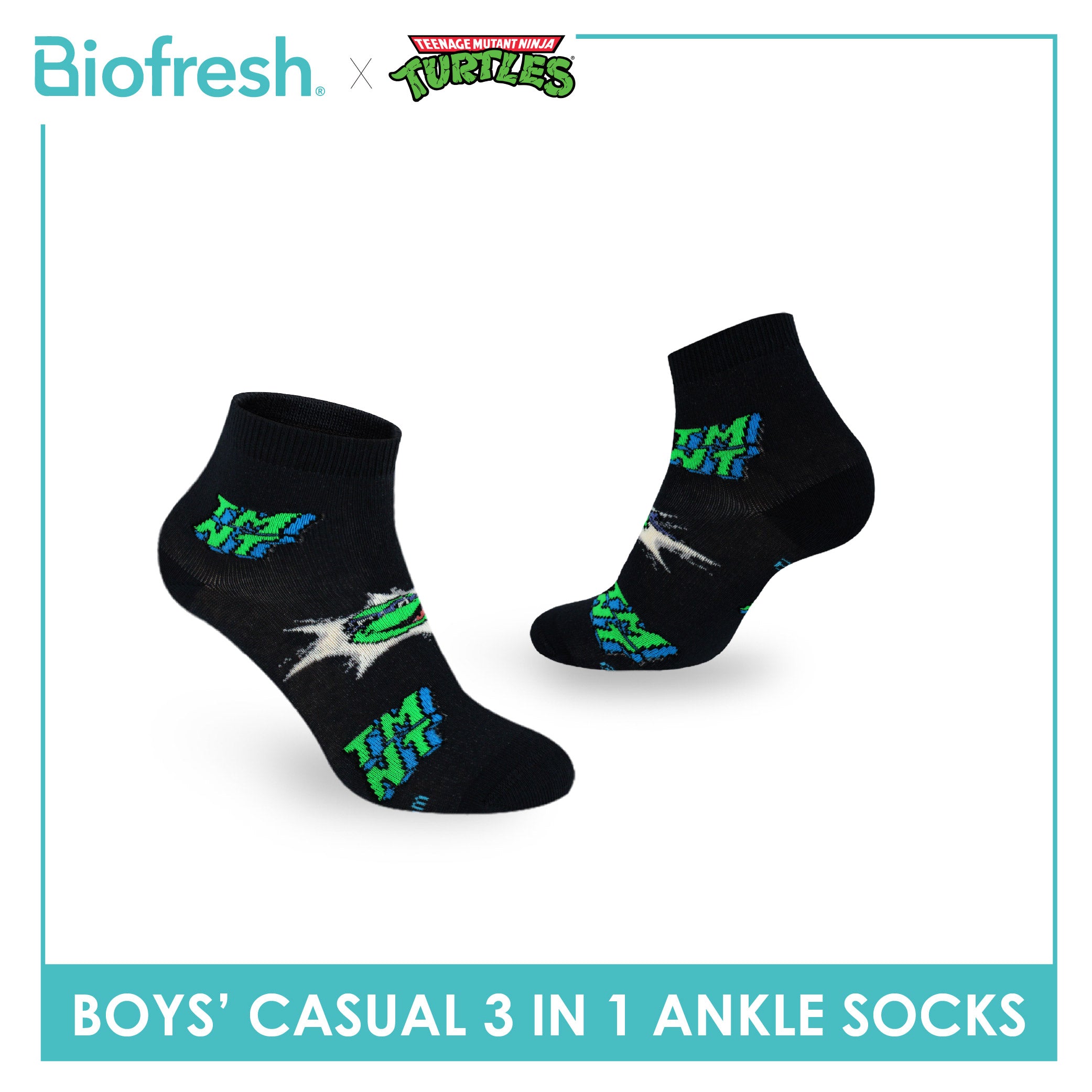 Biofresh | TMNT Boys’ Antimicrobial Cotton Lite Casual Ankle Socks 3 pairs in 1 pack NTRBCG533