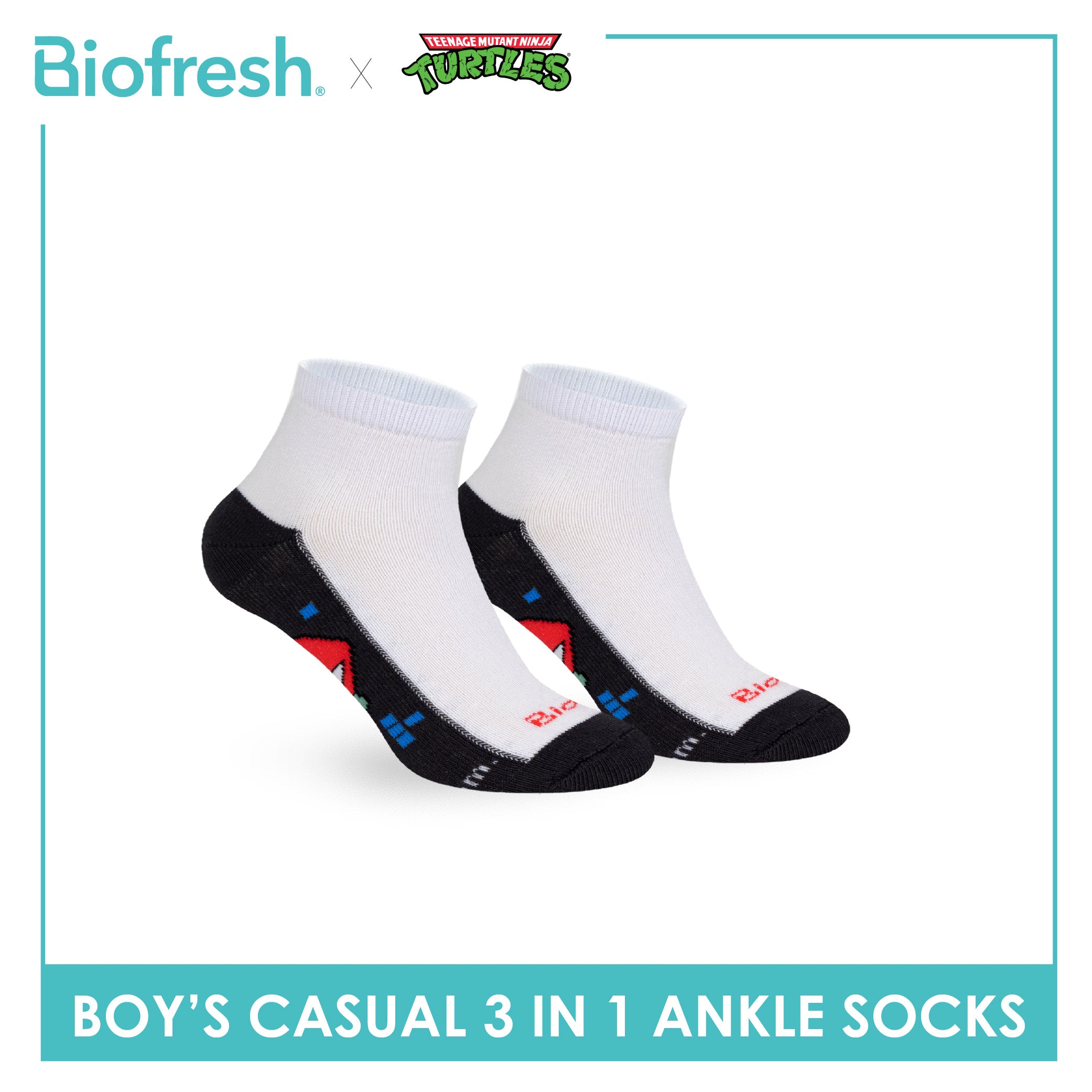 Biofresh | TMNT Boys’ Antimicrobial Cotton Thin Casual Ankle Socks 3 pairs in 1 pack NTRBCKG5