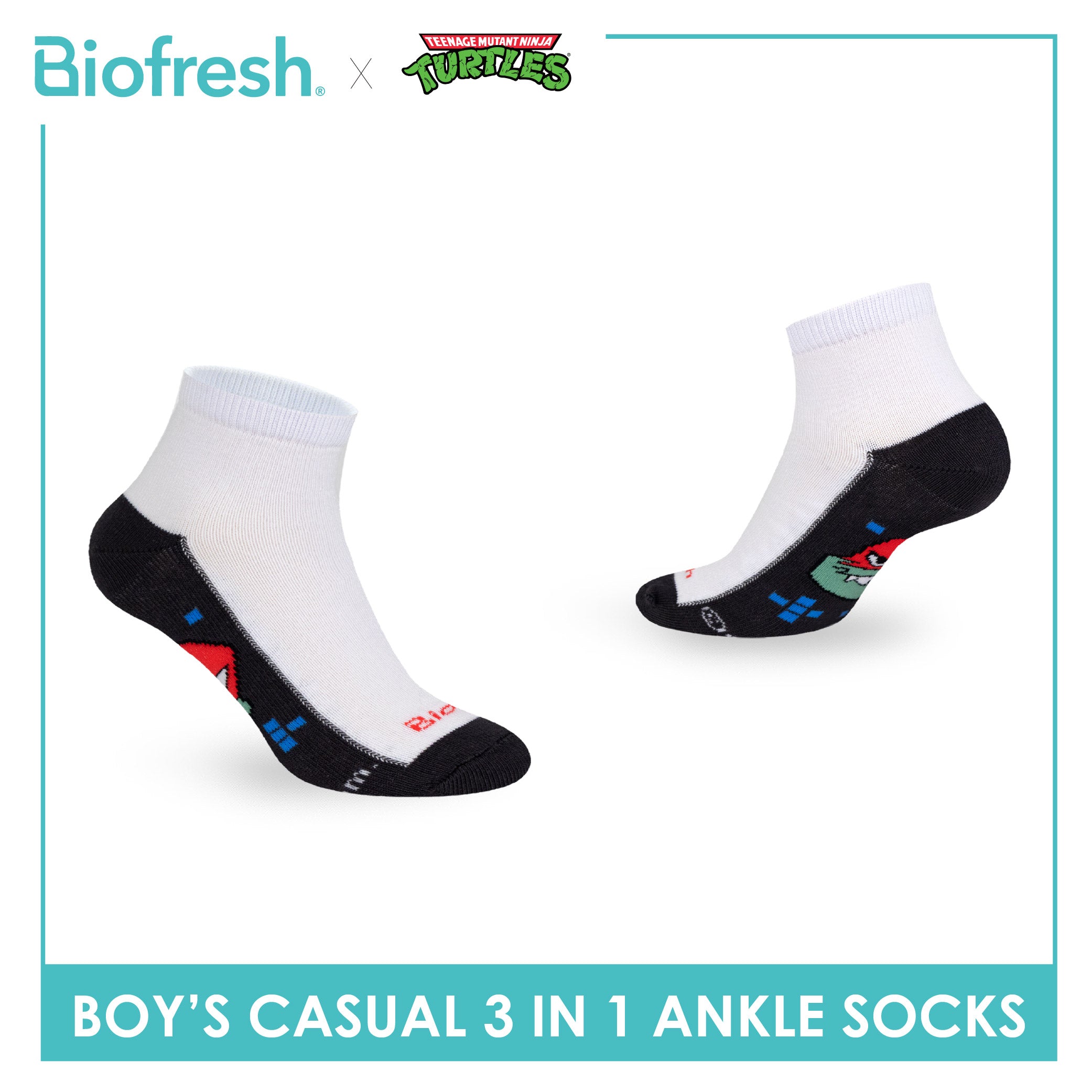 Biofresh | TMNT Boys’ Antimicrobial Cotton Thin Casual Ankle Socks 3 pairs in 1 pack NTRBCKG5