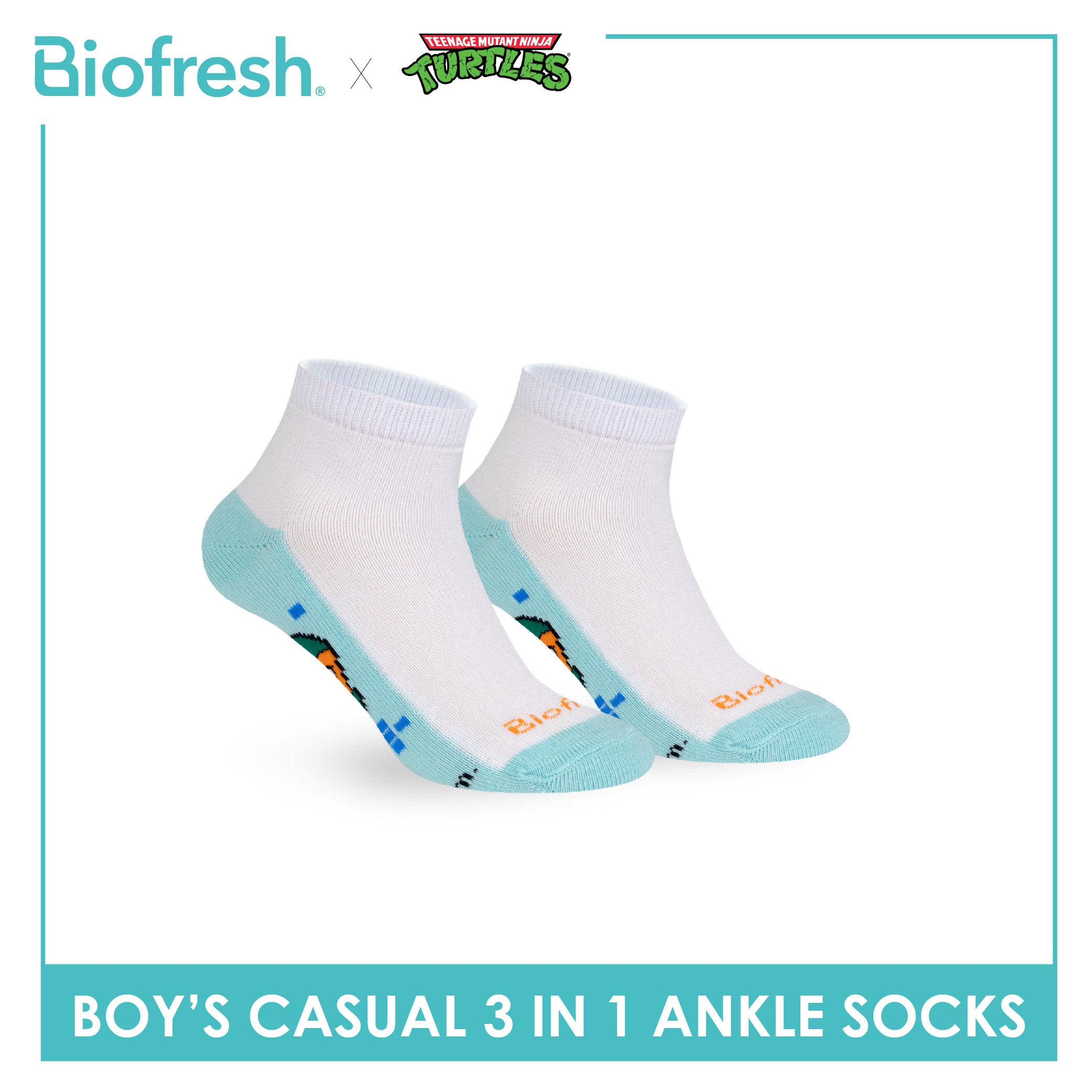 Biofresh | TMNT Boys’ Antimicrobial Cotton Thin Casual Ankle Socks 3 pairs in 1 pack NTRBCKG5