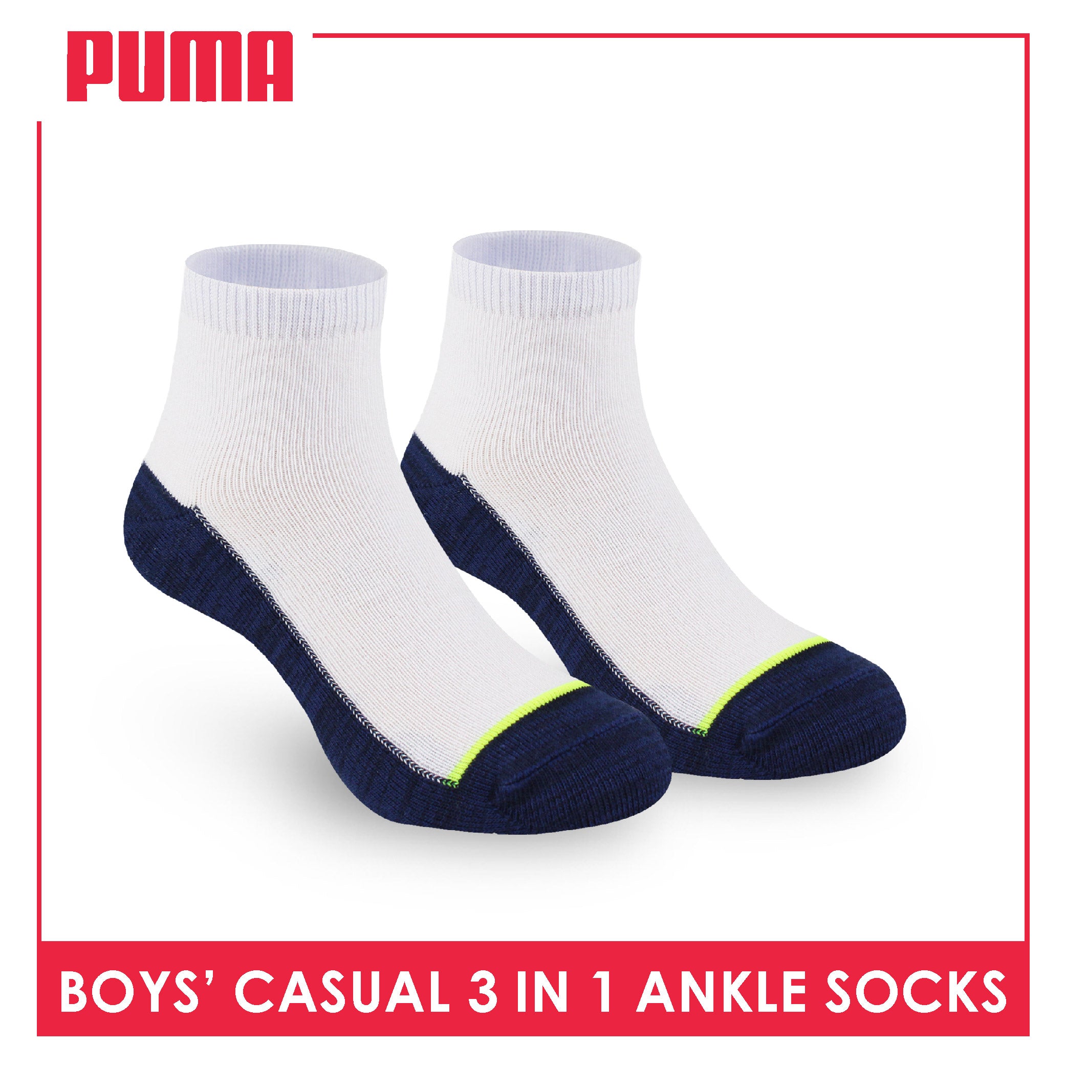 Puma Boys’ Cotton Thin Casual Ankle Socks 3 pairs in 1 pack PBCKG30