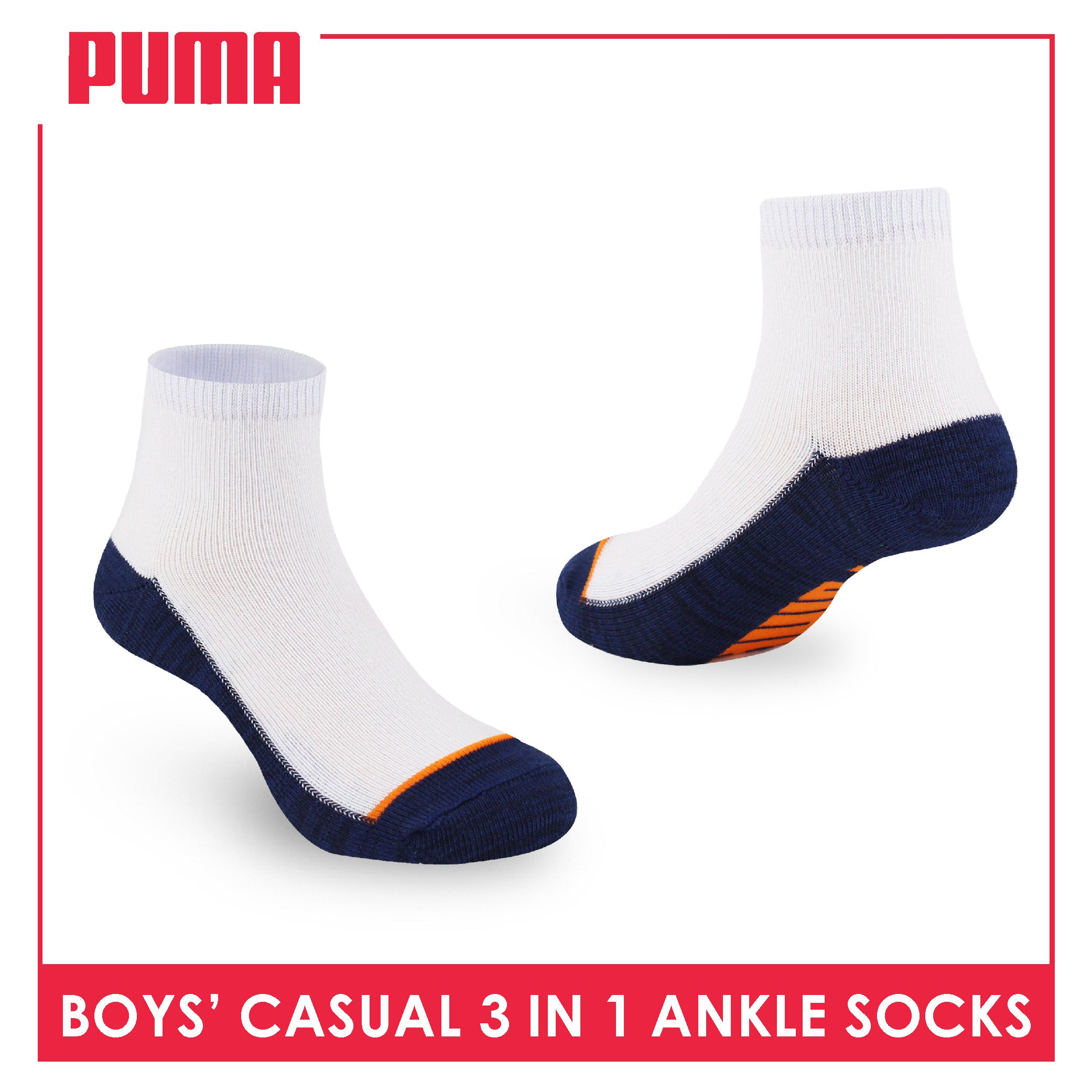 Puma Boys’ Cotton Thin Casual Ankle Socks 3 pairs in 1 pack PBCKG30