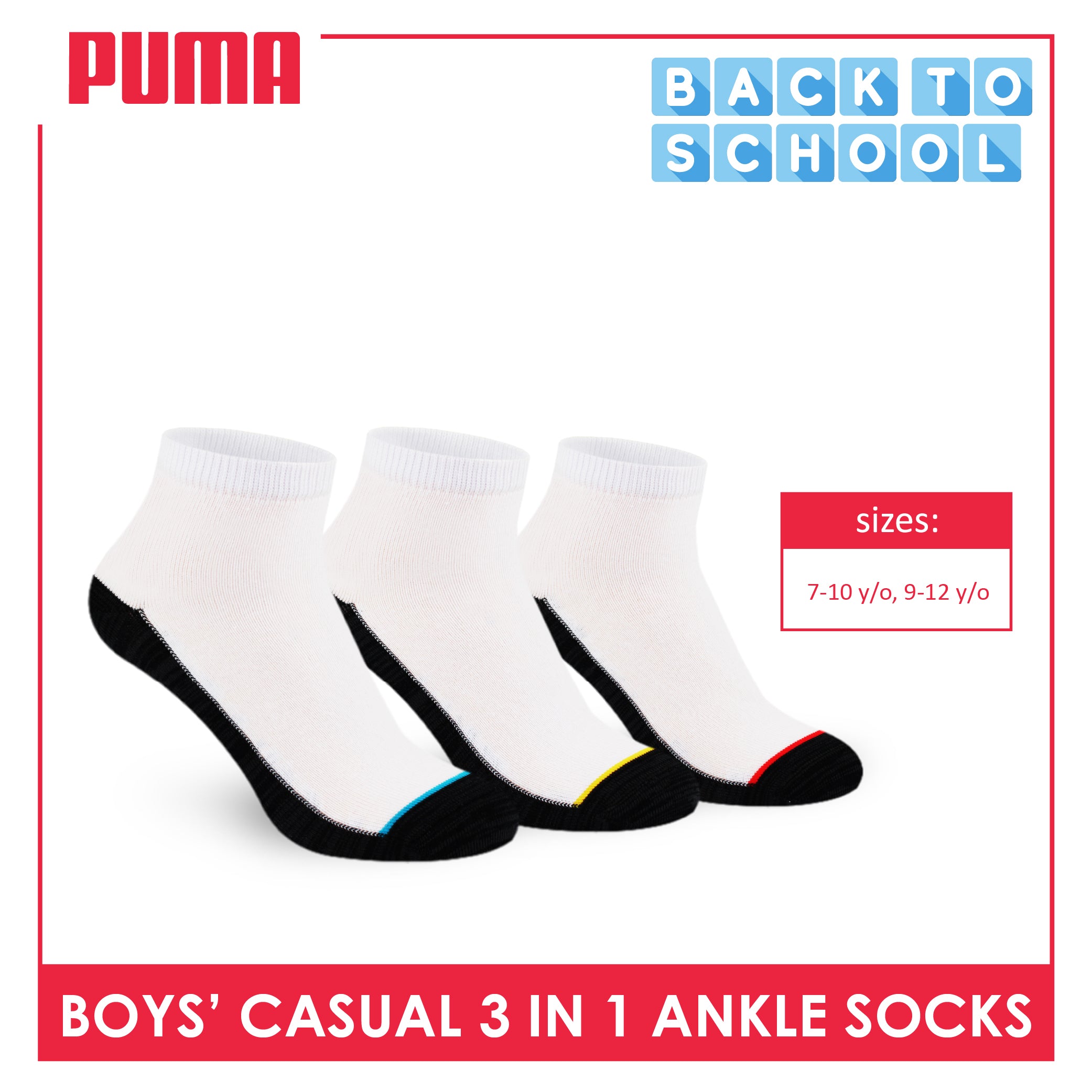 Puma Boys’ Cotton Thin Casual Ankle Socks 3 pairs in 1 pack PBCKG30
