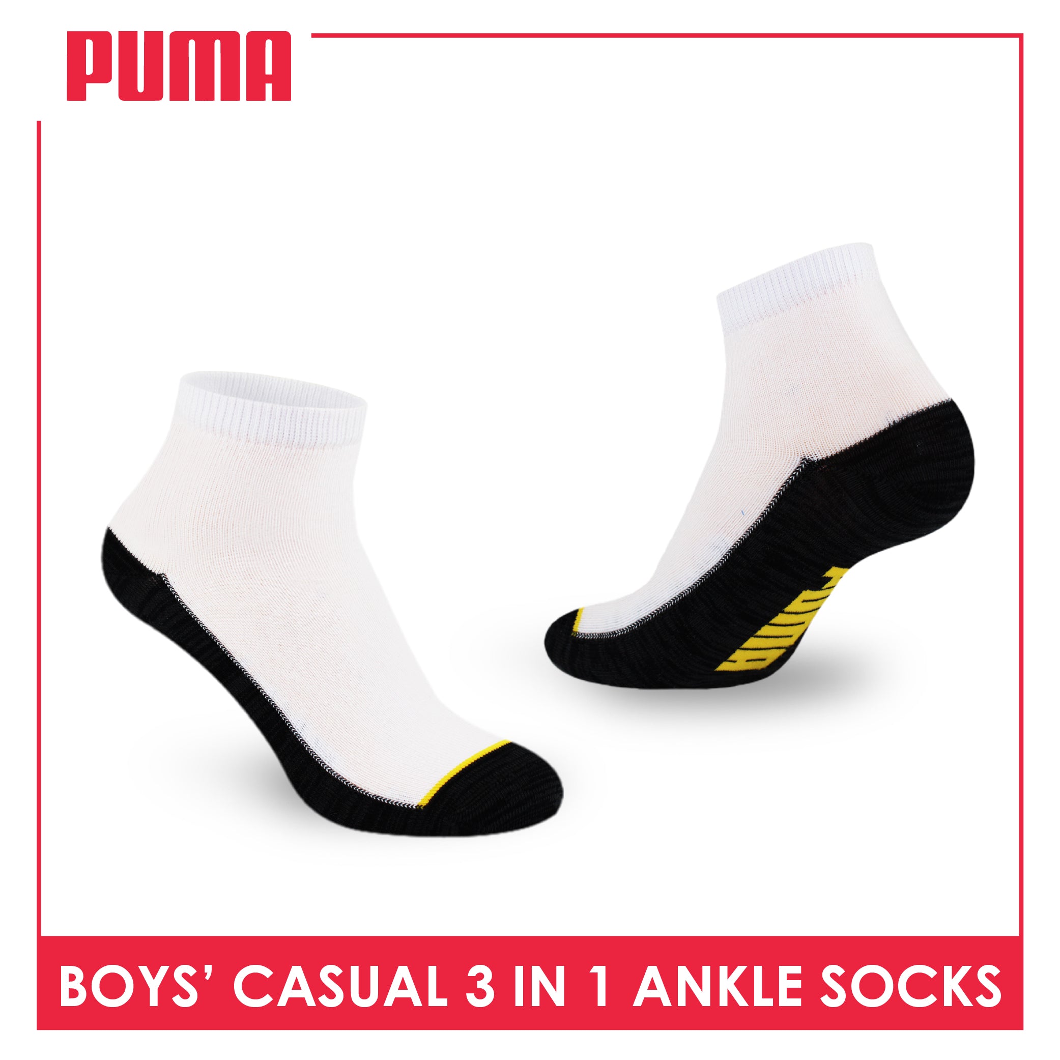 Puma Boys’ Cotton Thin Casual Ankle Socks 3 pairs in 1 pack PBCKG30