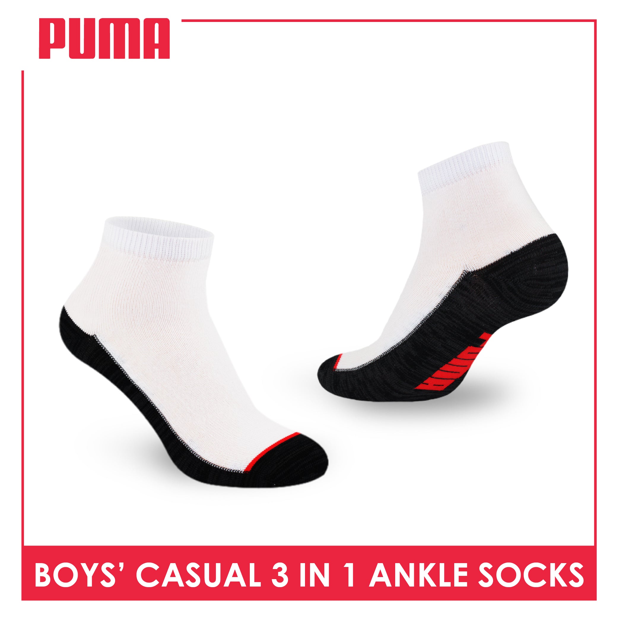Puma Boys’ Cotton Thin Casual Ankle Socks 3 pairs in 1 pack PBCKG30