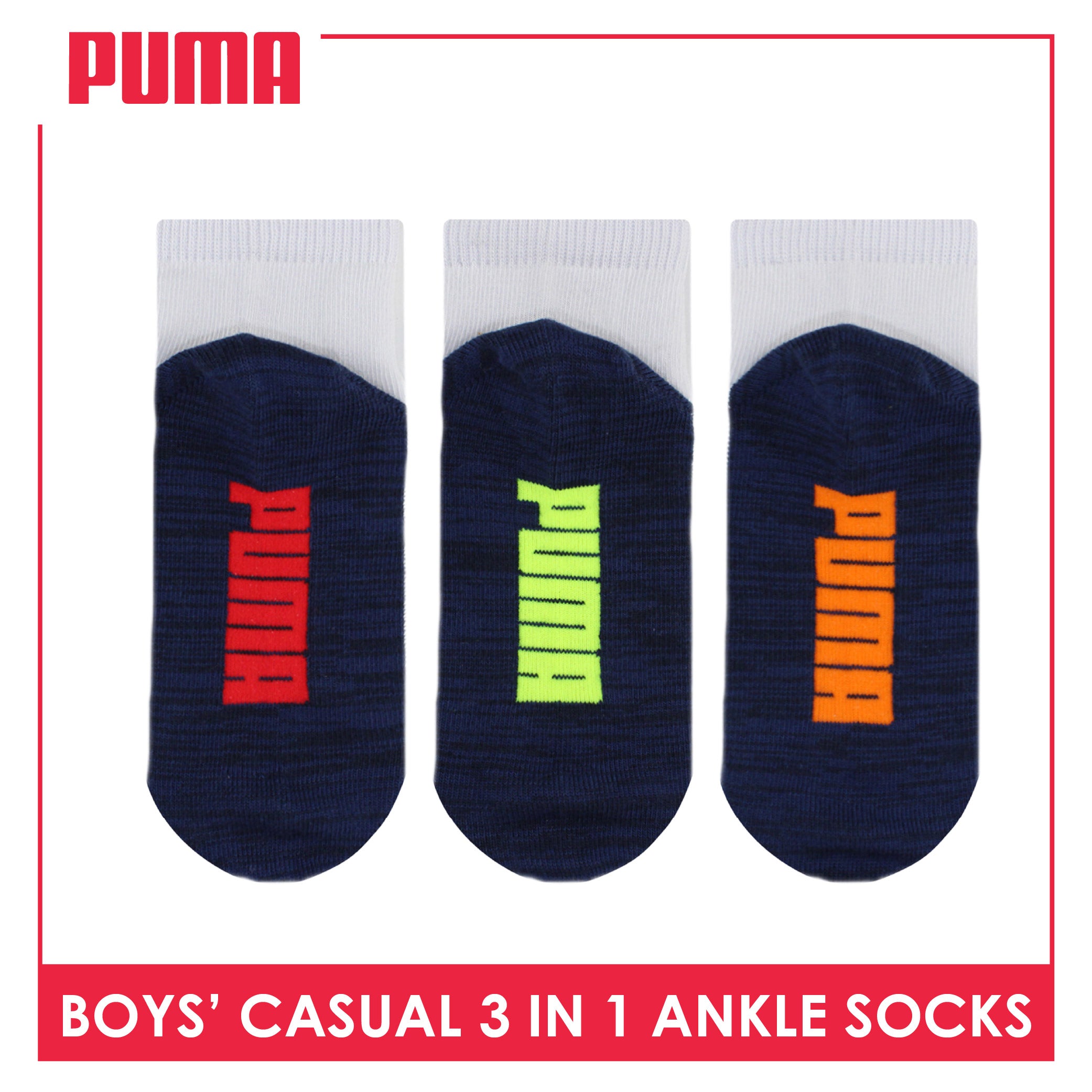 Puma Boys’ Cotton Thin Casual Ankle Socks 3 pairs in 1 pack PBCKG30