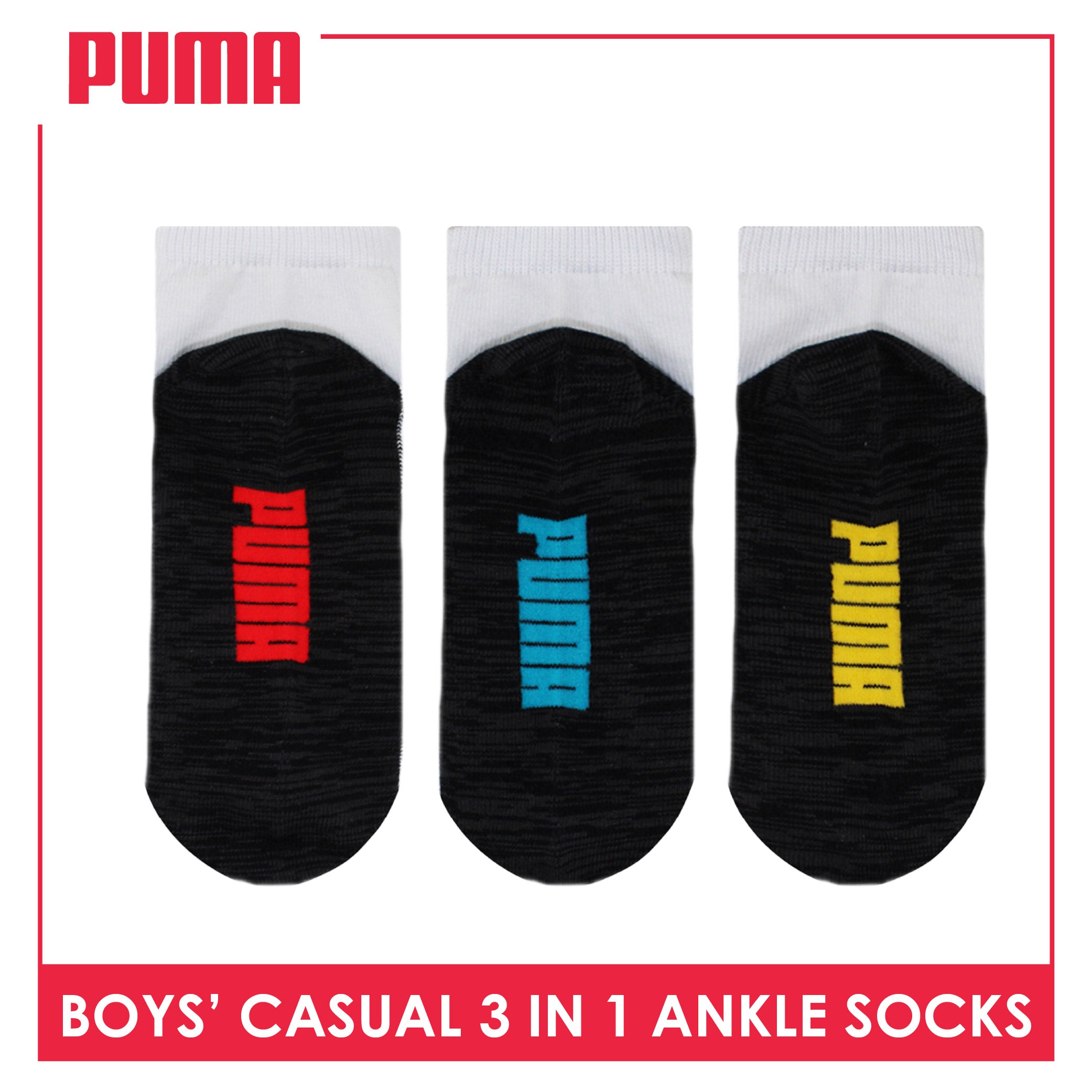 Puma Boys’ Cotton Thin Casual Ankle Socks 3 pairs in 1 pack PBCKG30