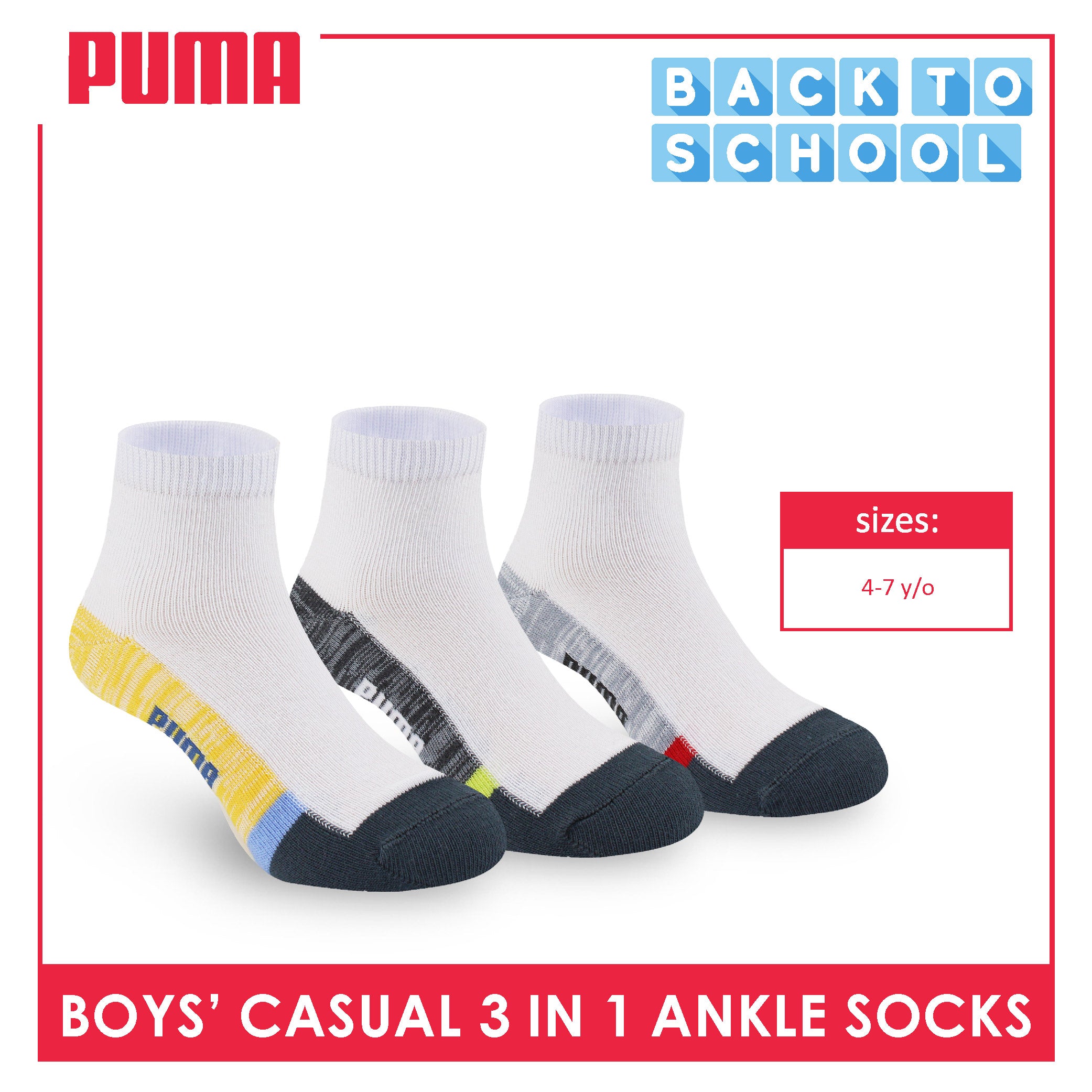 Puma Boys’ Cotton Thin Casual Ankle Socks 3 pairs in 1 pack PBCKG31